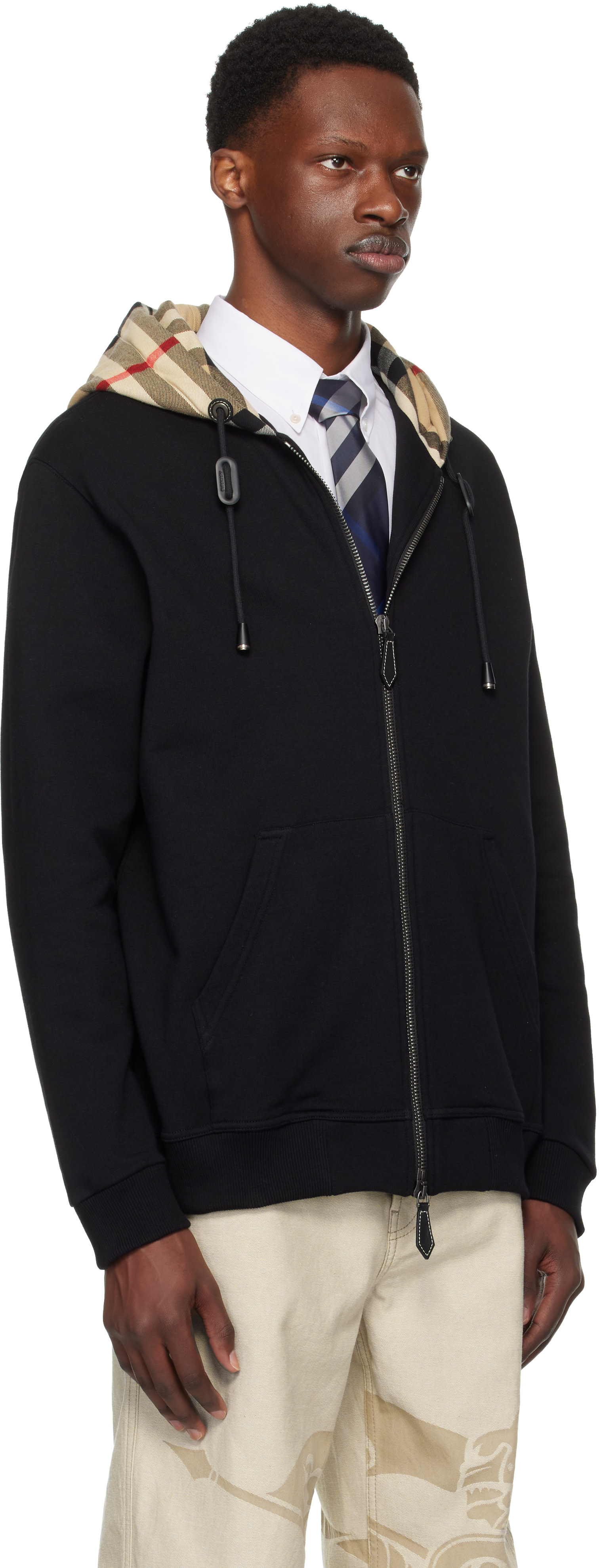 Burberry: Black Check Hood Cotton Zip Hoodie | SSENSE
