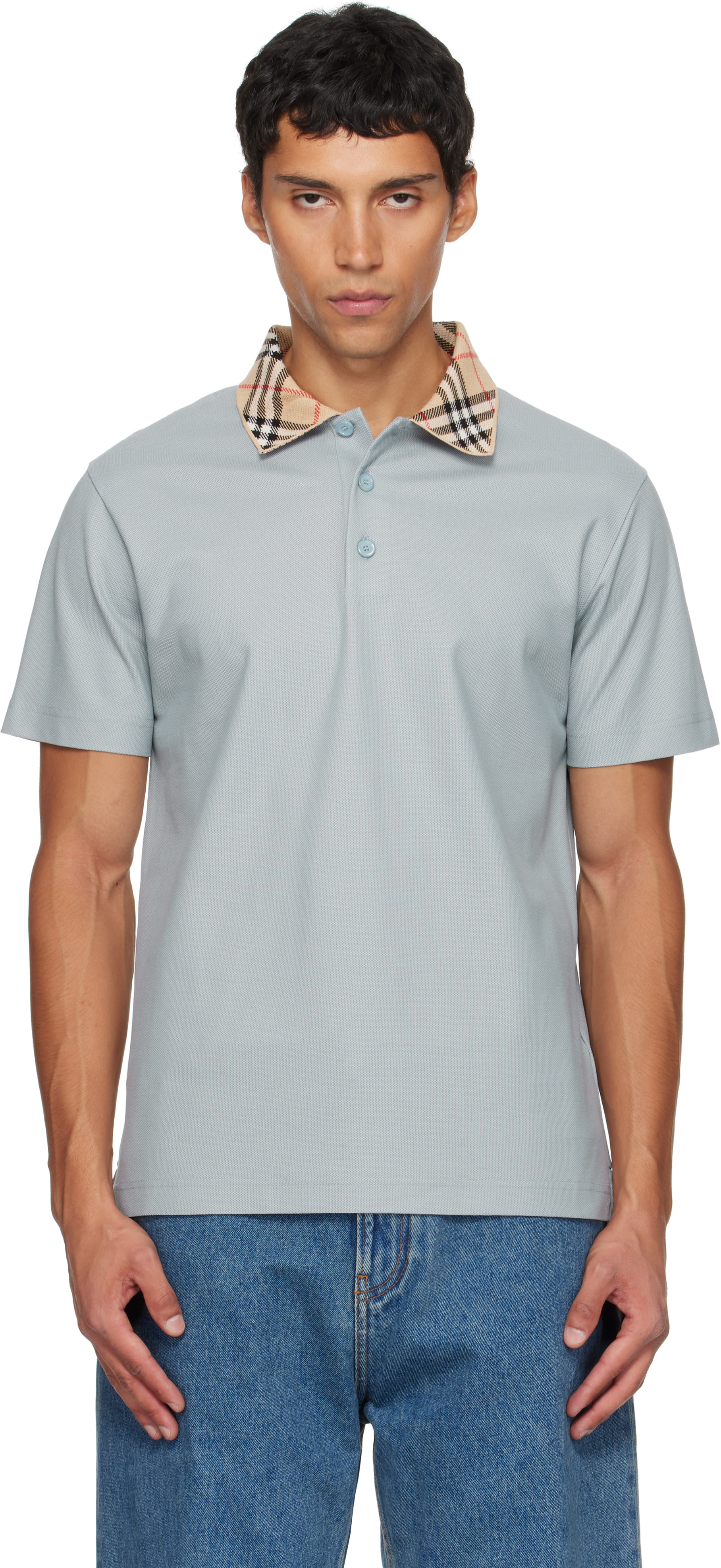 Burberry: ブルー Check Collar コットン ポロシャツ | SSENSE 日本
