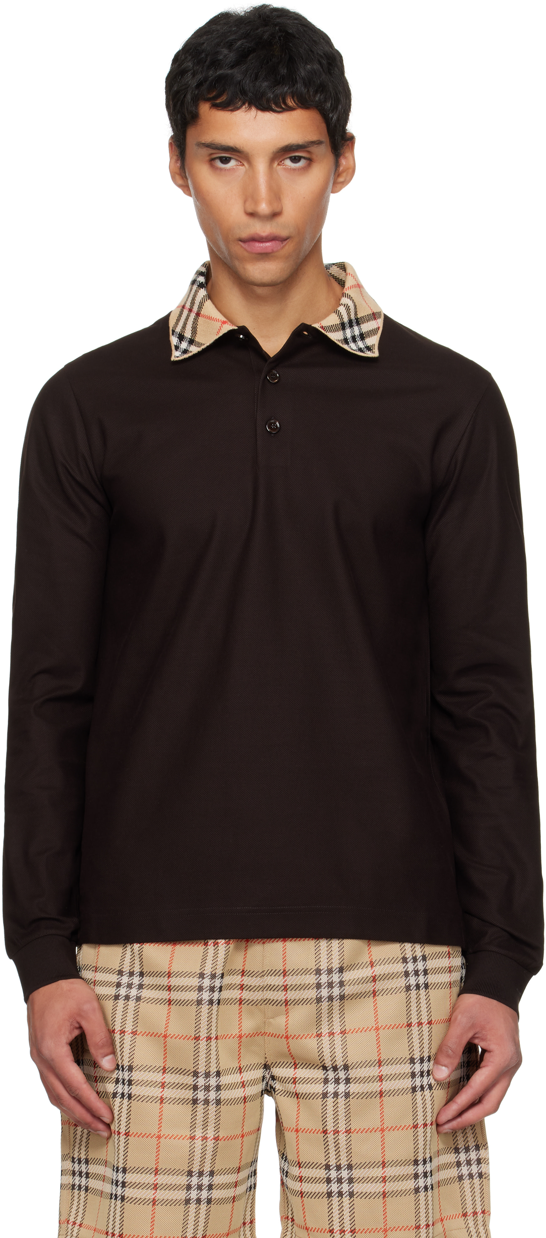 BURBERRY チェック柄ポロシャツflexwitme Burberry: ブラウン Check Collar コットン 長袖ポロシャツ | SSENSE 日本