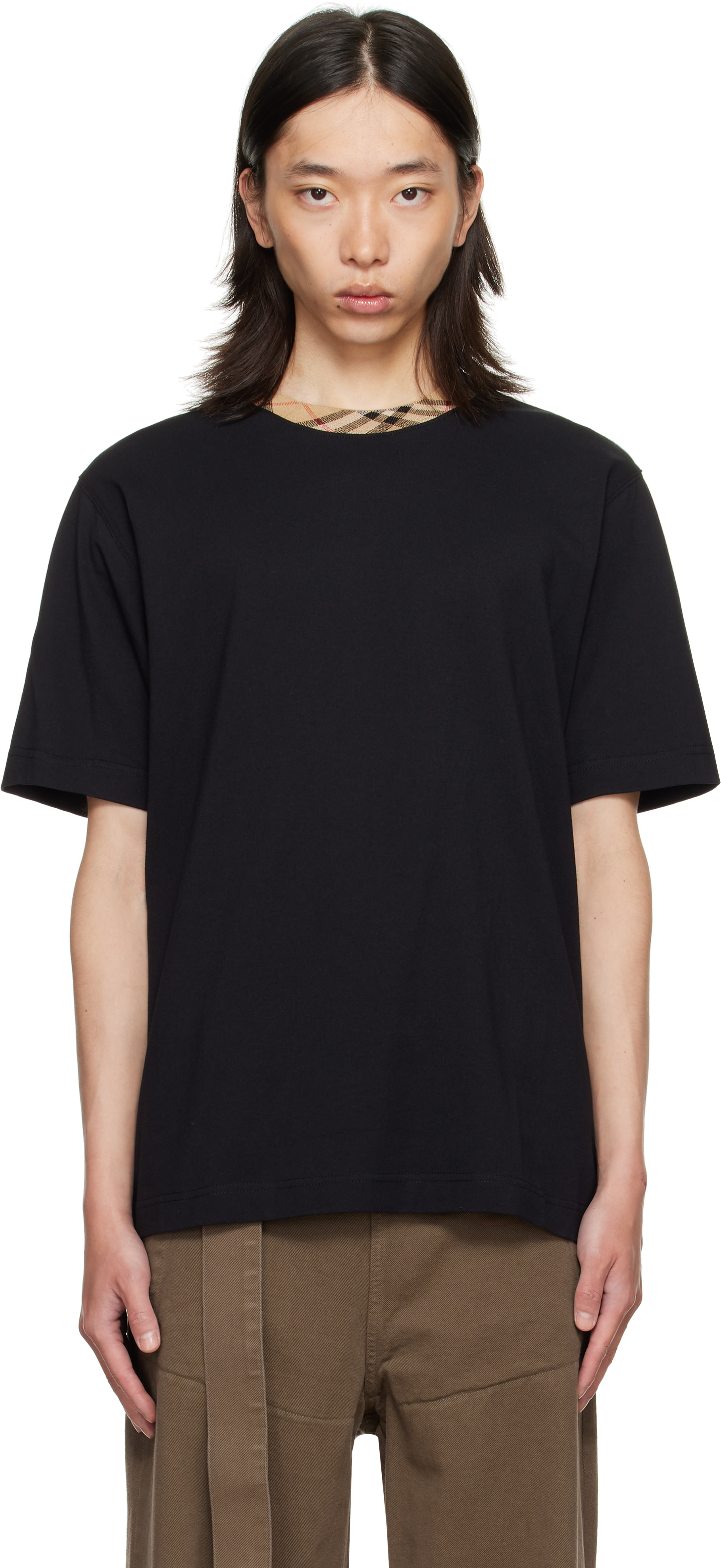 Burberry: Black Check Trim Cotton T-shirt | SSENSE
