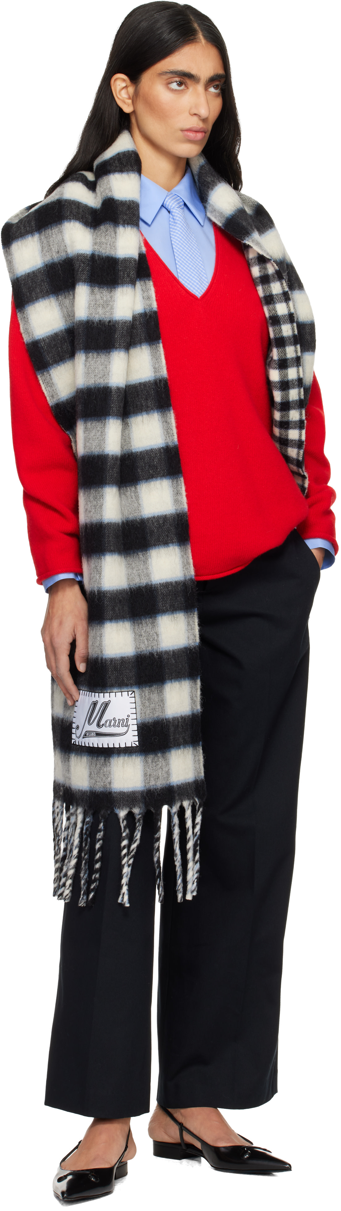 Marni: Black & White Double Check Logo Wool Mohair Scarf | SSENSE