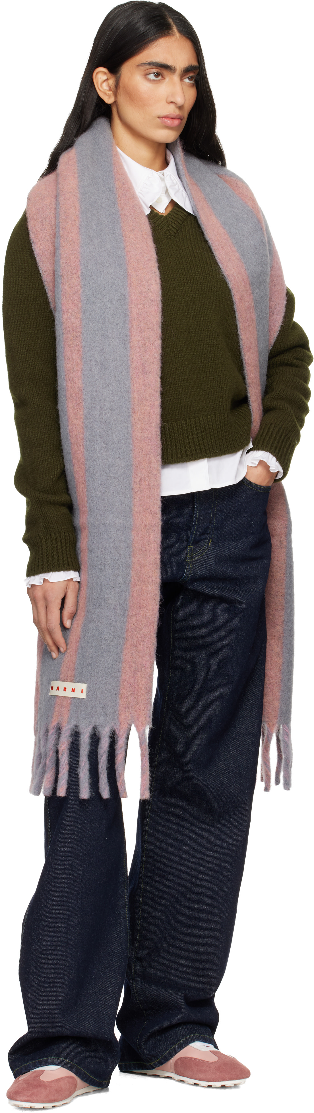 Marni: Pink & Gray Striped Alpaca Scarf | SSENSE