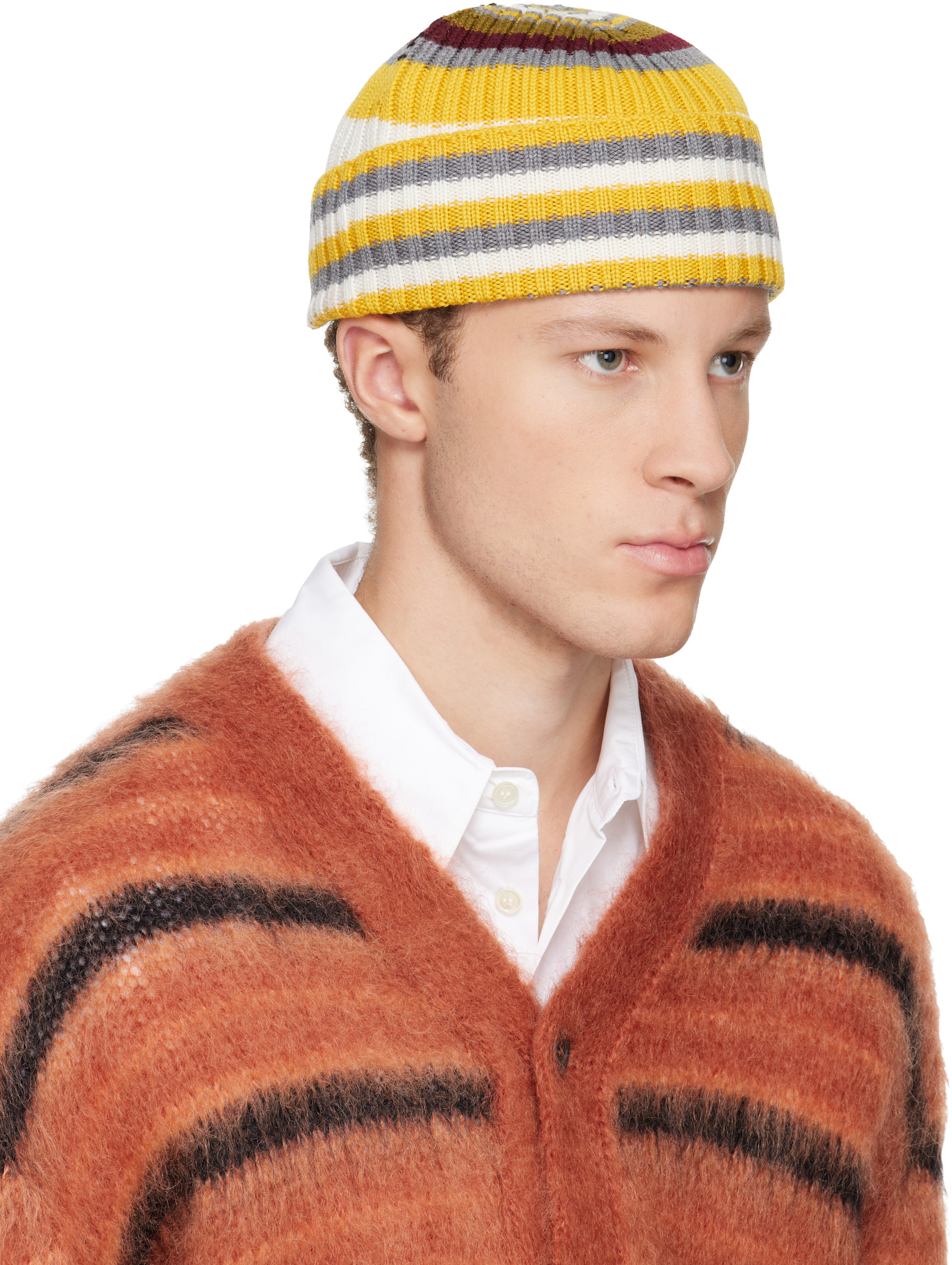 Marni: イエロー＆グレー ボーダー リブ ビーニー | SSENSE 日本