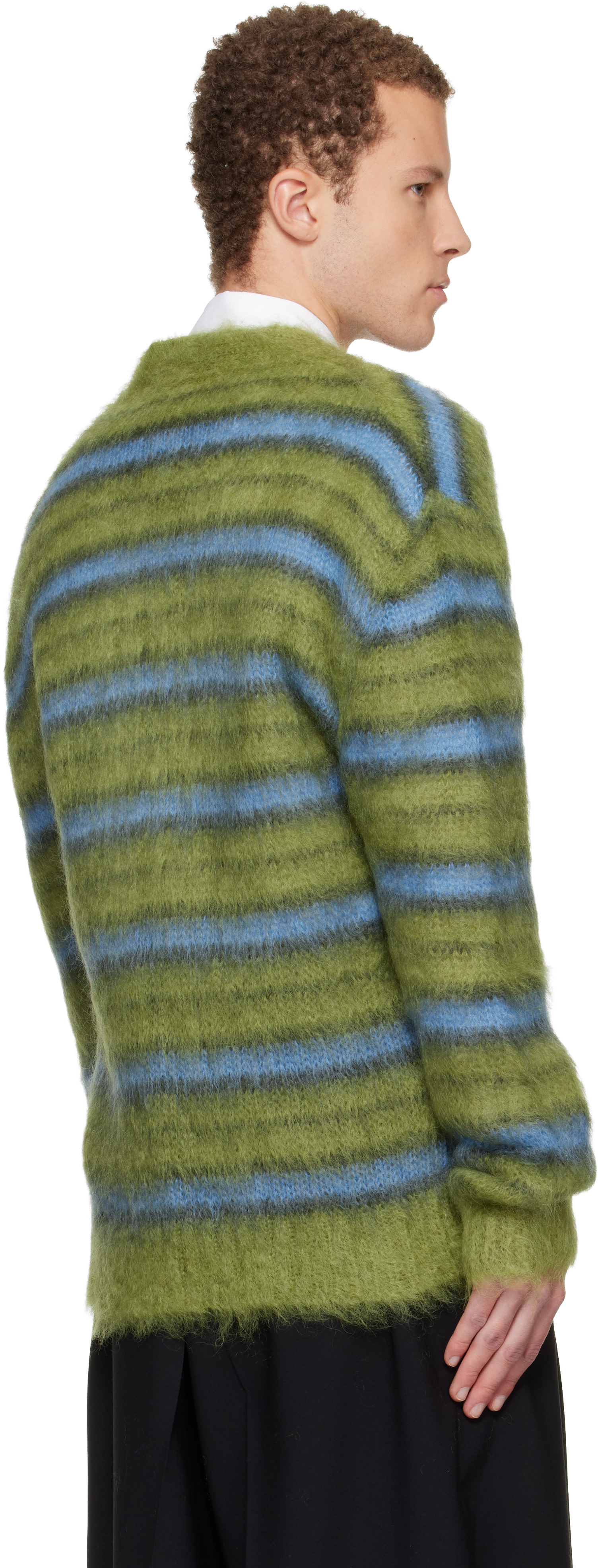 MARNI ウェーブ ニット トップス ブルー 美品 Marni: Green & Blue Fuzzy Wuzzy Stripe V-Neck Cardigan | SSENSE