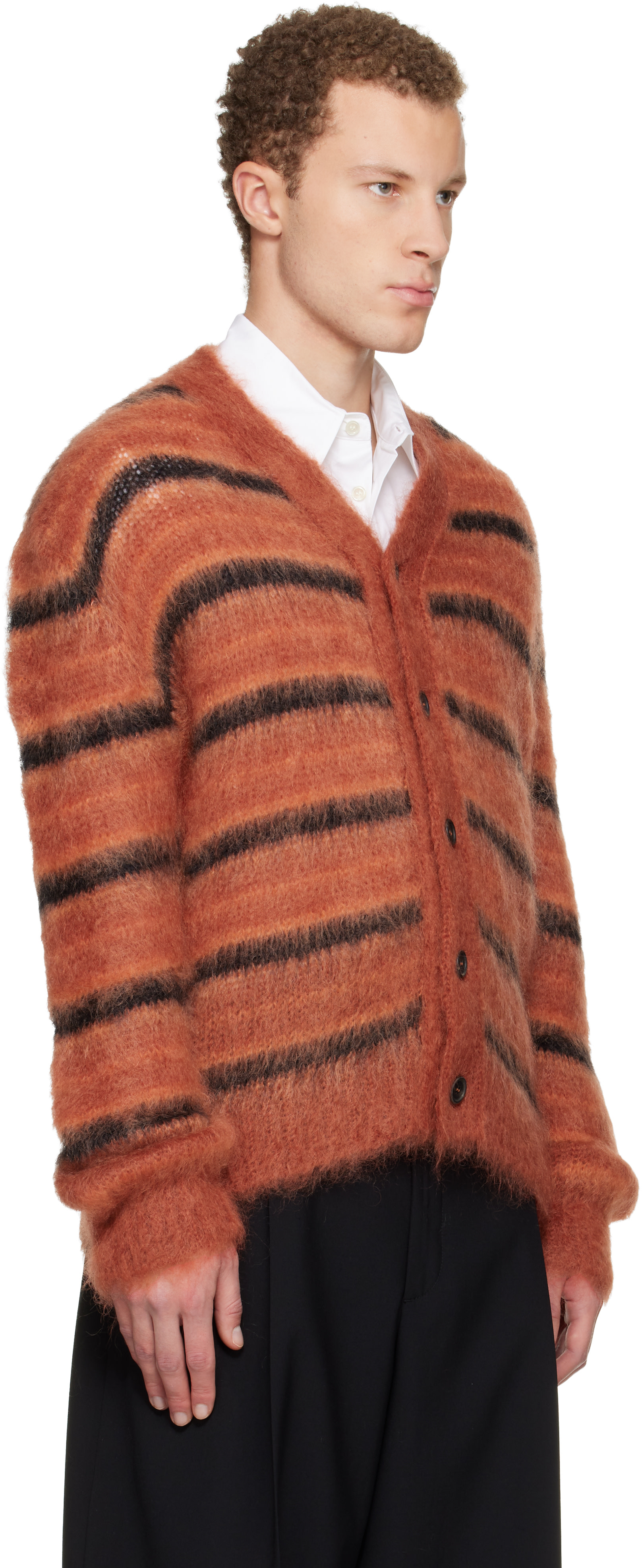 Marni: Red & Black Fuzzy Wuzzy Stripe V-Neck Cardigan | SSENSE