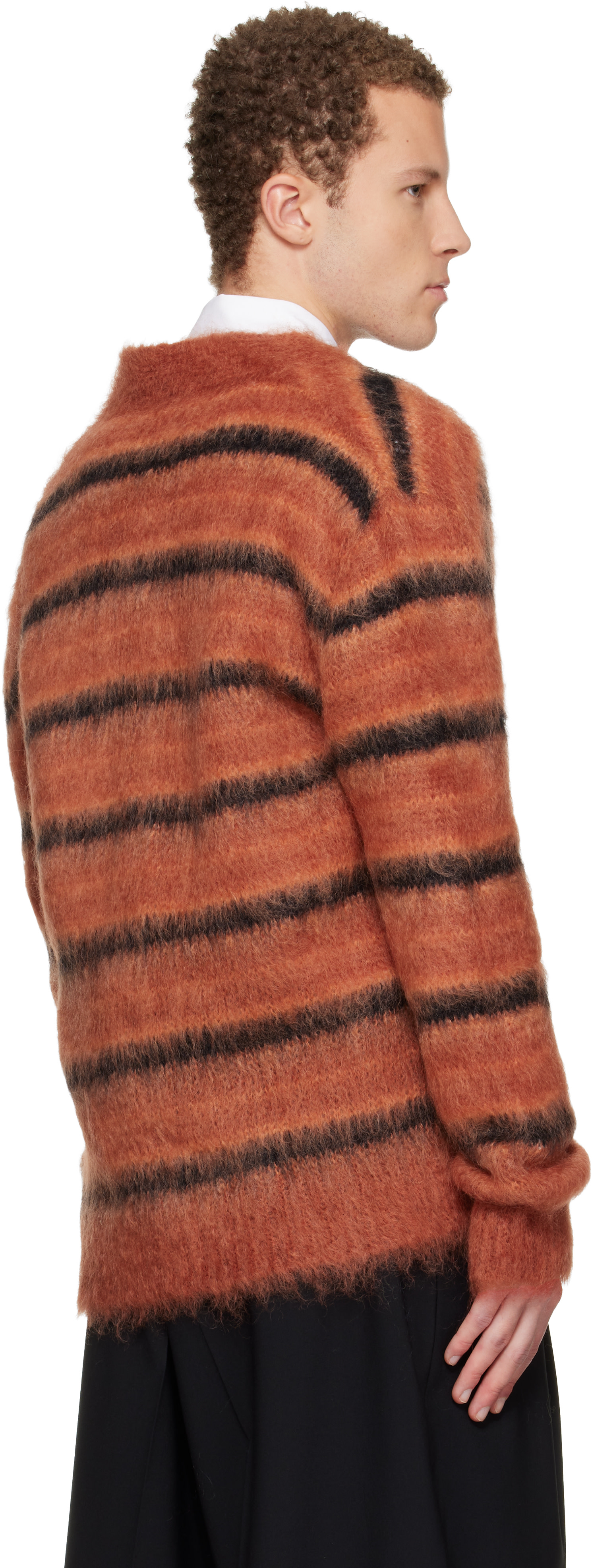 Marni: Red & Black Fuzzy Wuzzy Stripe V-Neck Cardigan | SSENSE