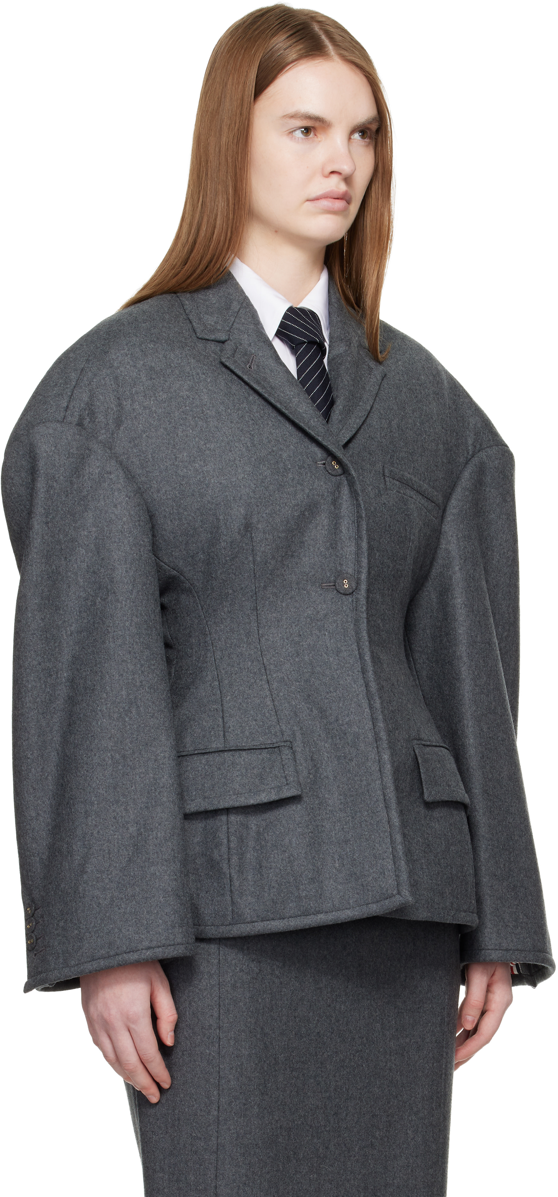 Thom Browne: Gray Nipped Waist Cocoon Blazer | SSENSE