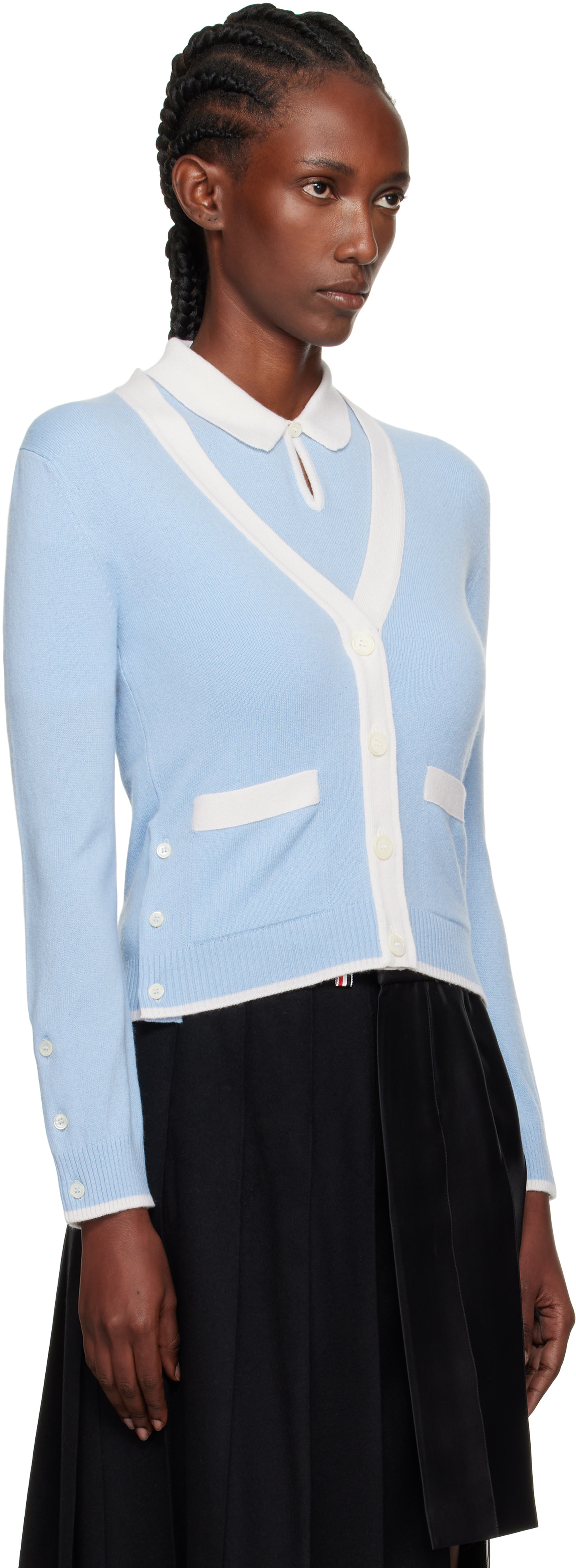 Thom Browne: Blue Jersey Stitch Cashmere V-Neck Cardigan | SSENSE