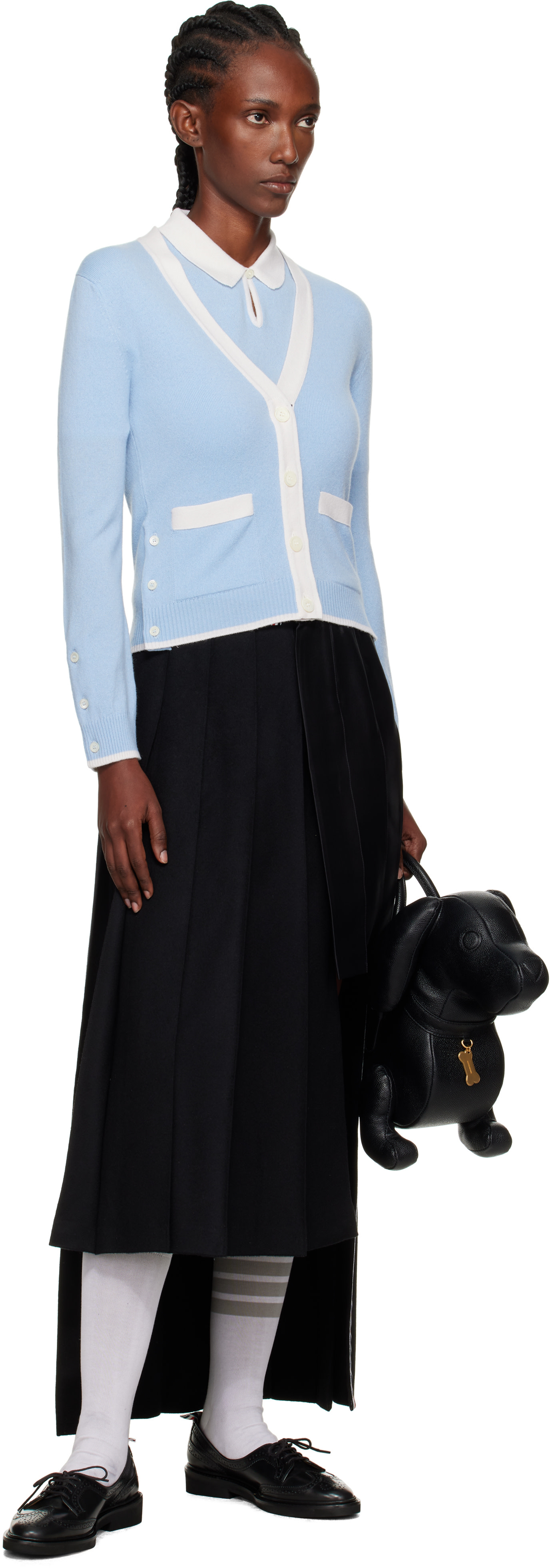 Thom Browne: Blue Jersey Stitch Cashmere V-Neck Cardigan | SSENSE