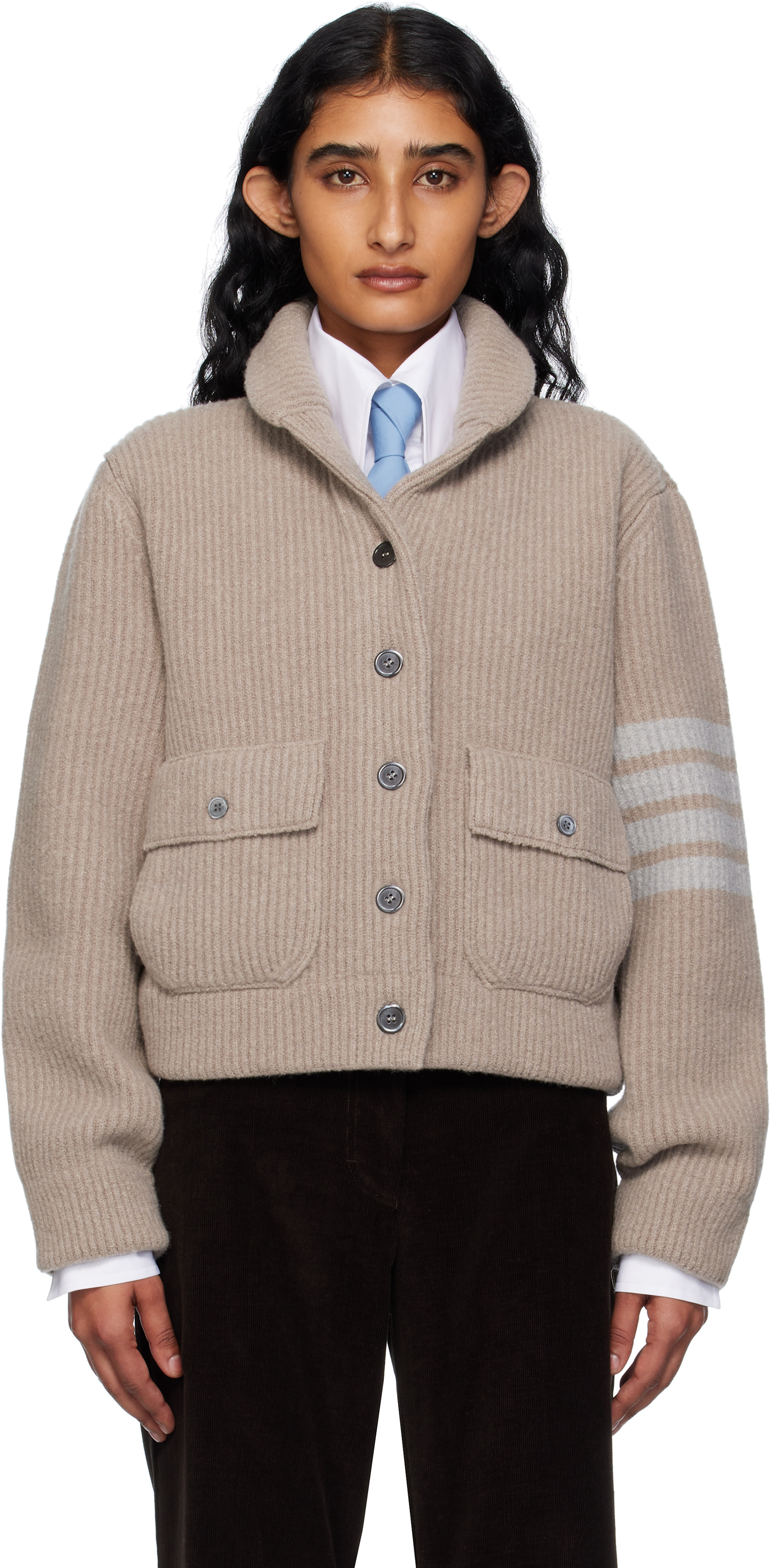 トムブラウン　4BAR カーディガン　ウール　ベージュ系　3サイズ Thom Browne: ベージュ 4-Bar 圧縮メリノウール ボンバー カーディガン