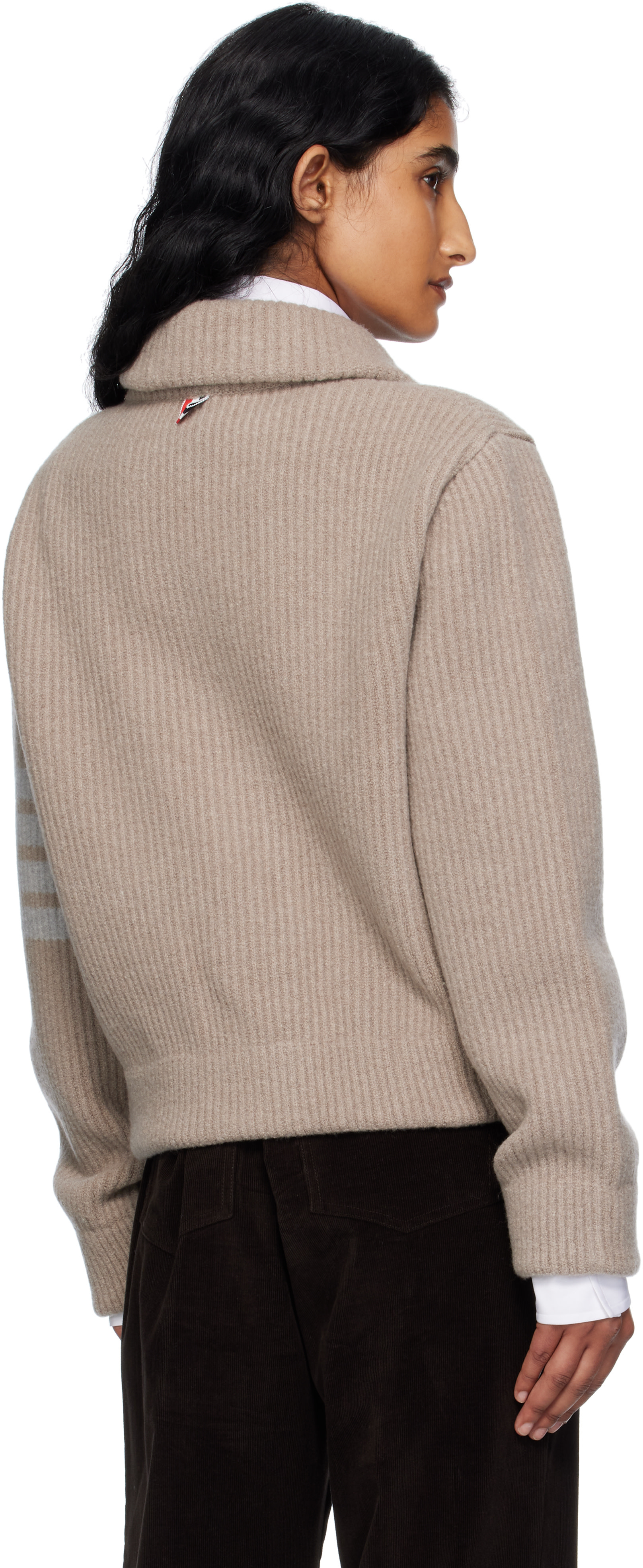Thom Browne: Beige Boiled Merino Wool 4-Bar Bomber Cardigan | SSENSE