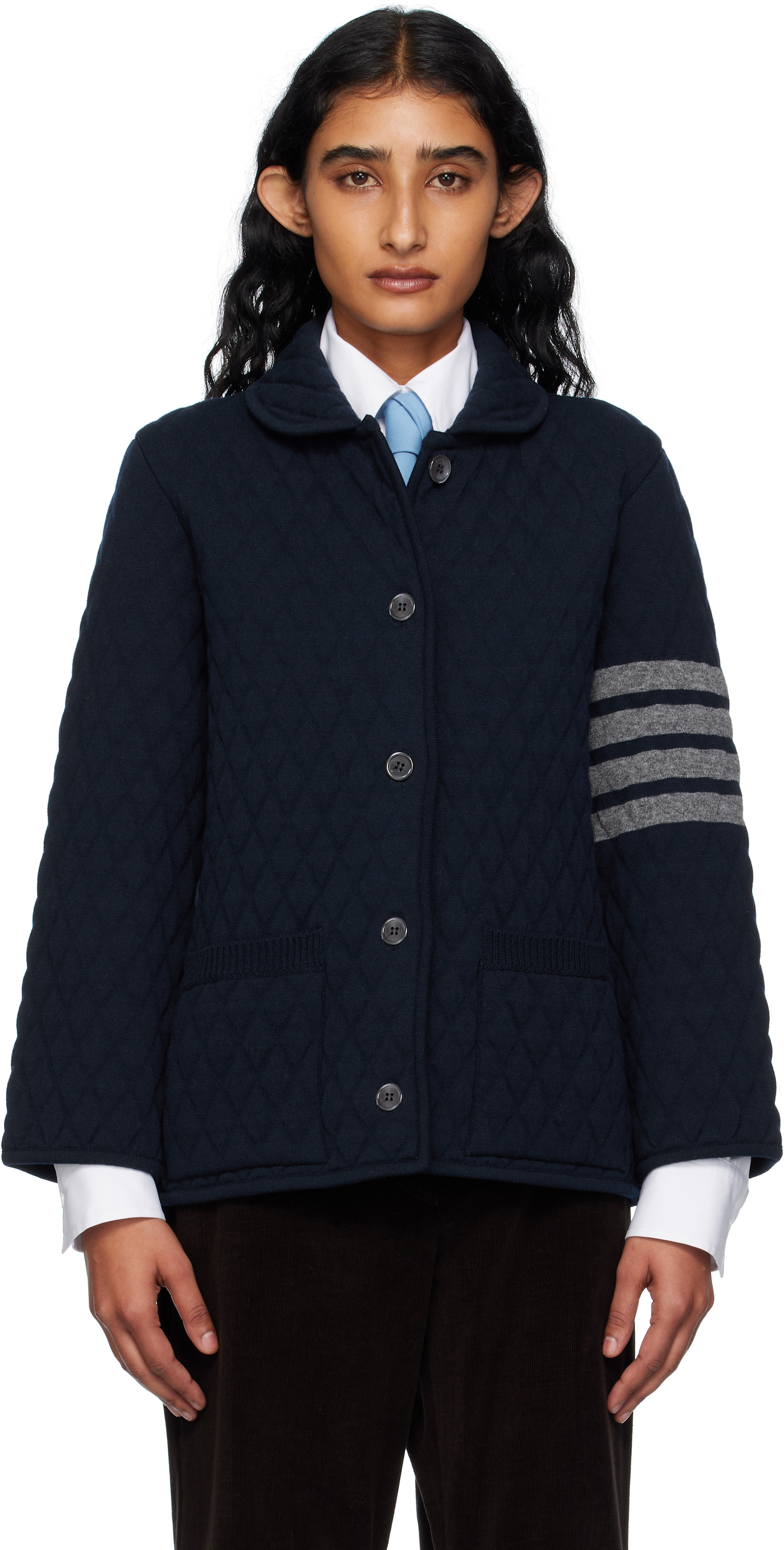レディース THOM BROWNE ネイビー ストライプ袖 ニット