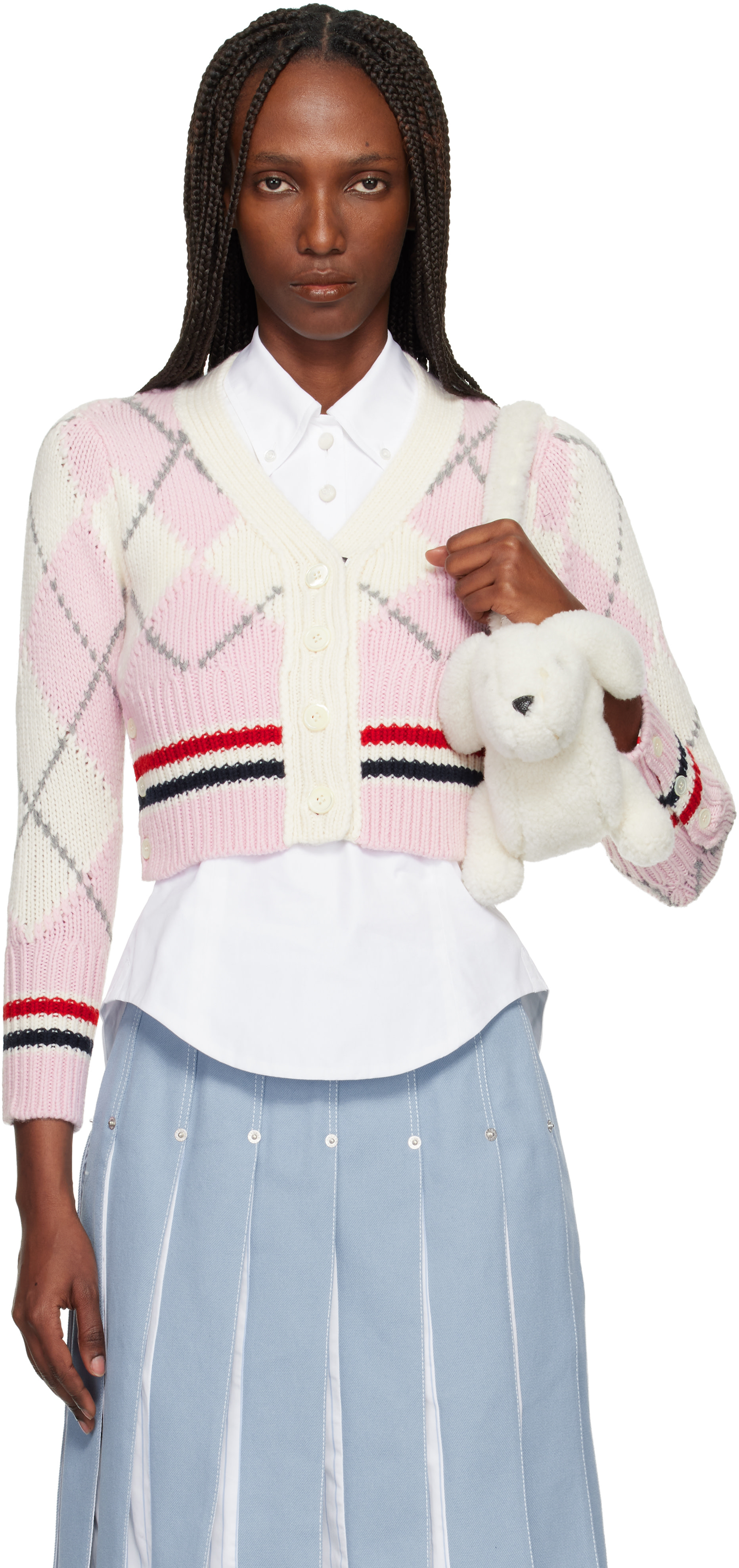 Thom Browne: Pink Argyle Merino Shrunken Cardigan | SSENSE Canada