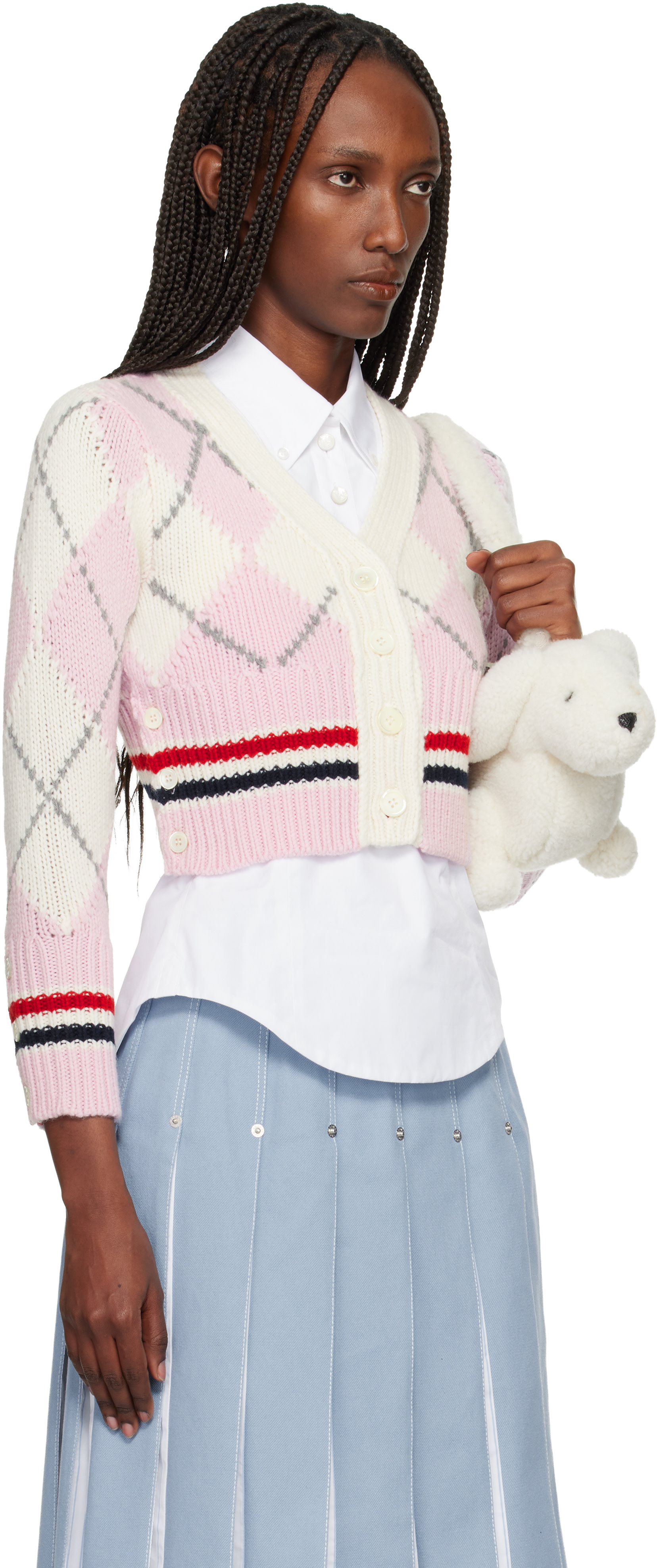 Thom Browne: Pink Argyle Merino Shrunken Cardigan | SSENSE