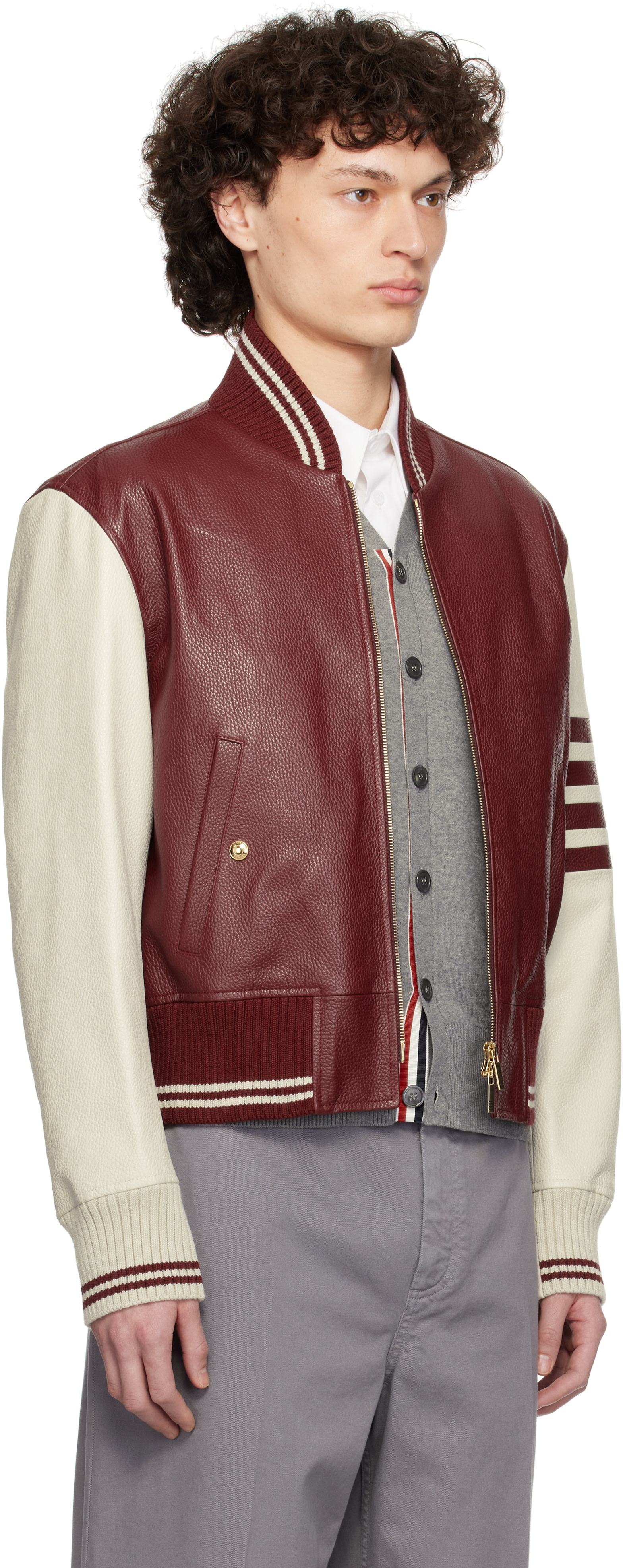 【90%OFFセール】THOM BROWNE ボンバージャケット 光沢 レザー Thom Browne: Burgundy & Off-White Classic 4-Bar Leather Bomber