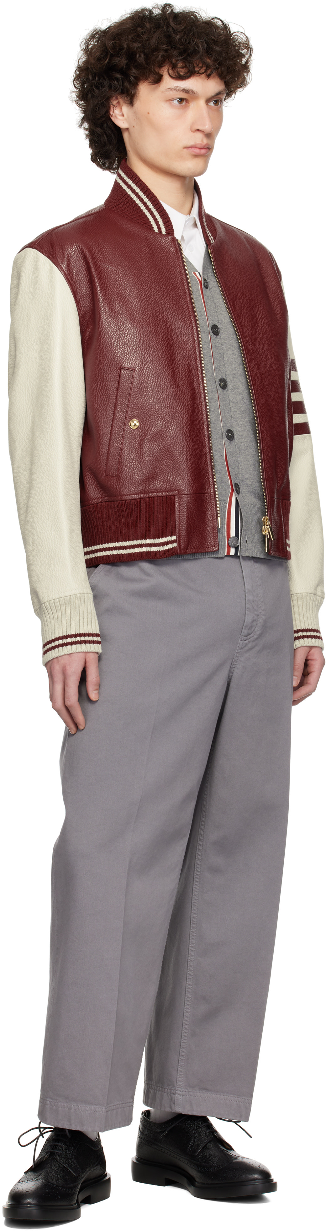 Thom Browne: バーガンディ＆オフホワイト 4-Bar Classic レザー