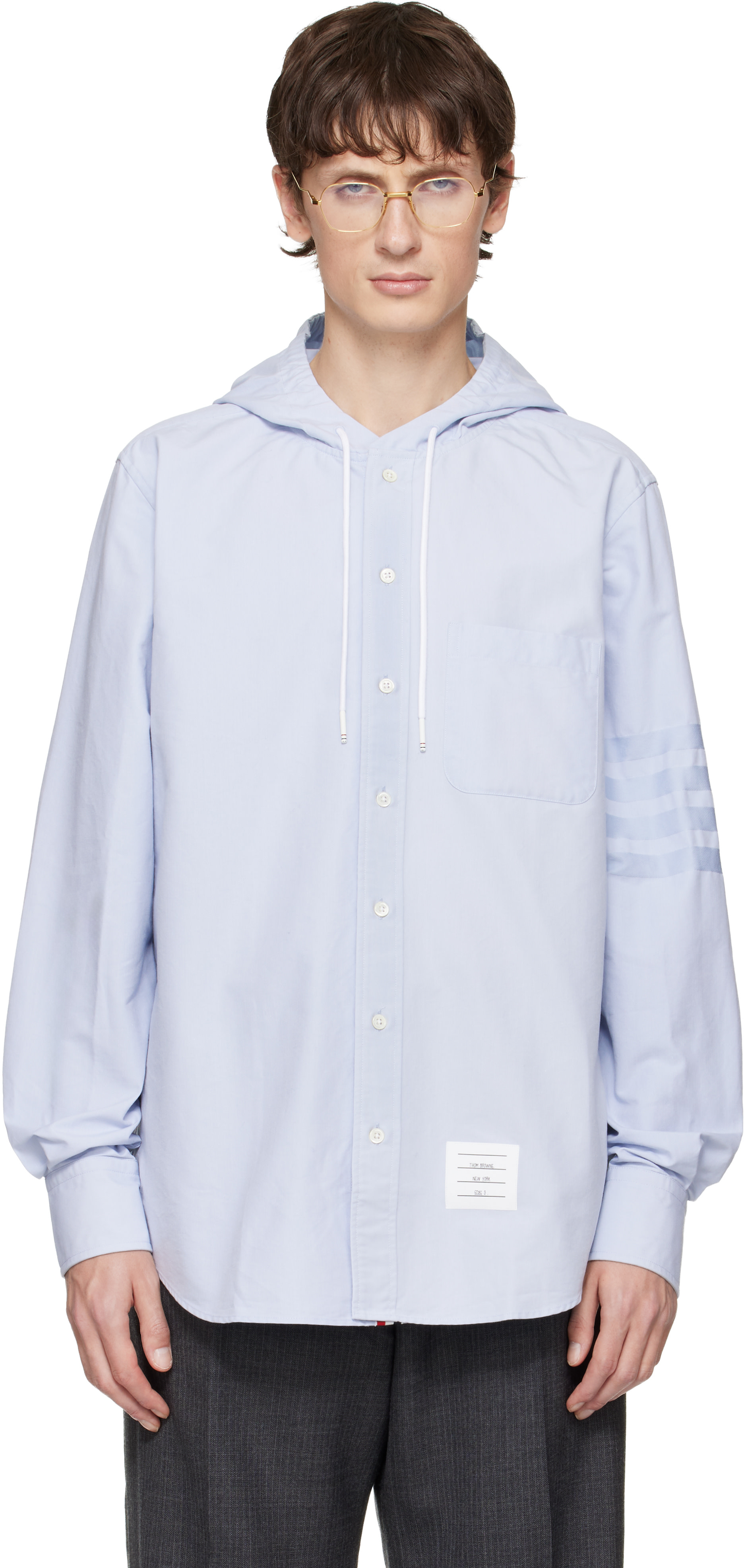 Thom Browne: Blue Hoodie Straight Fit Long Sleeve Shirt | SSENSE