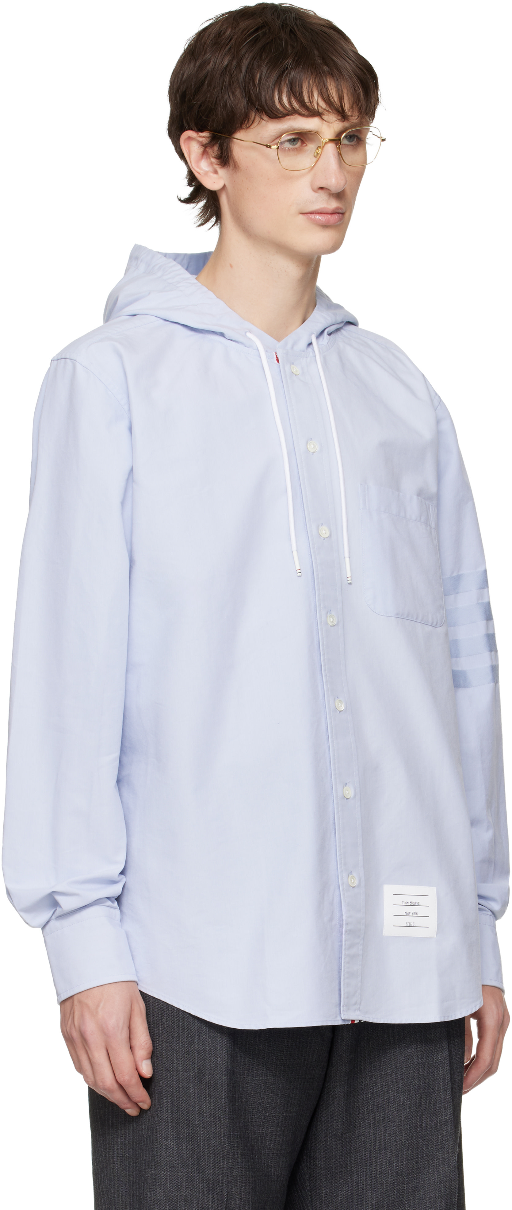 トップス Thom Browne Oxford Hooded ZipFront Shirt Thom Browne: Blue Hoodie Straight Fit Long Sleeve Shirt | SSENSE