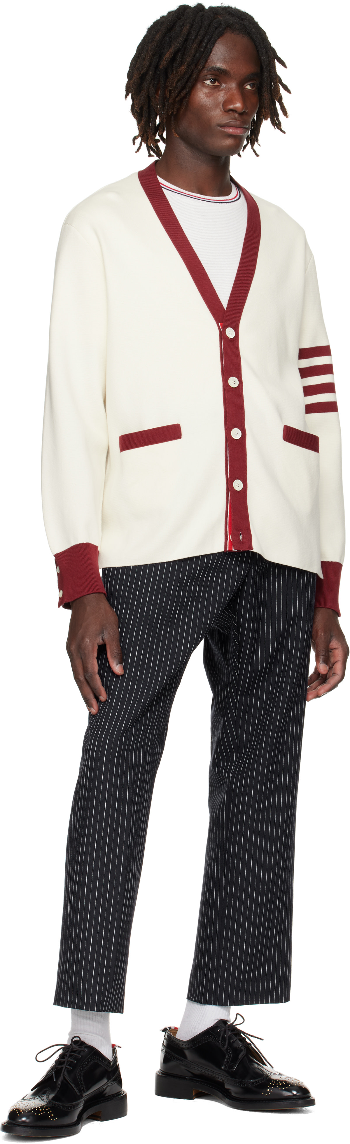 Thom Browne: Navy Pinstripe High Twist Wool Backstrap Trousers