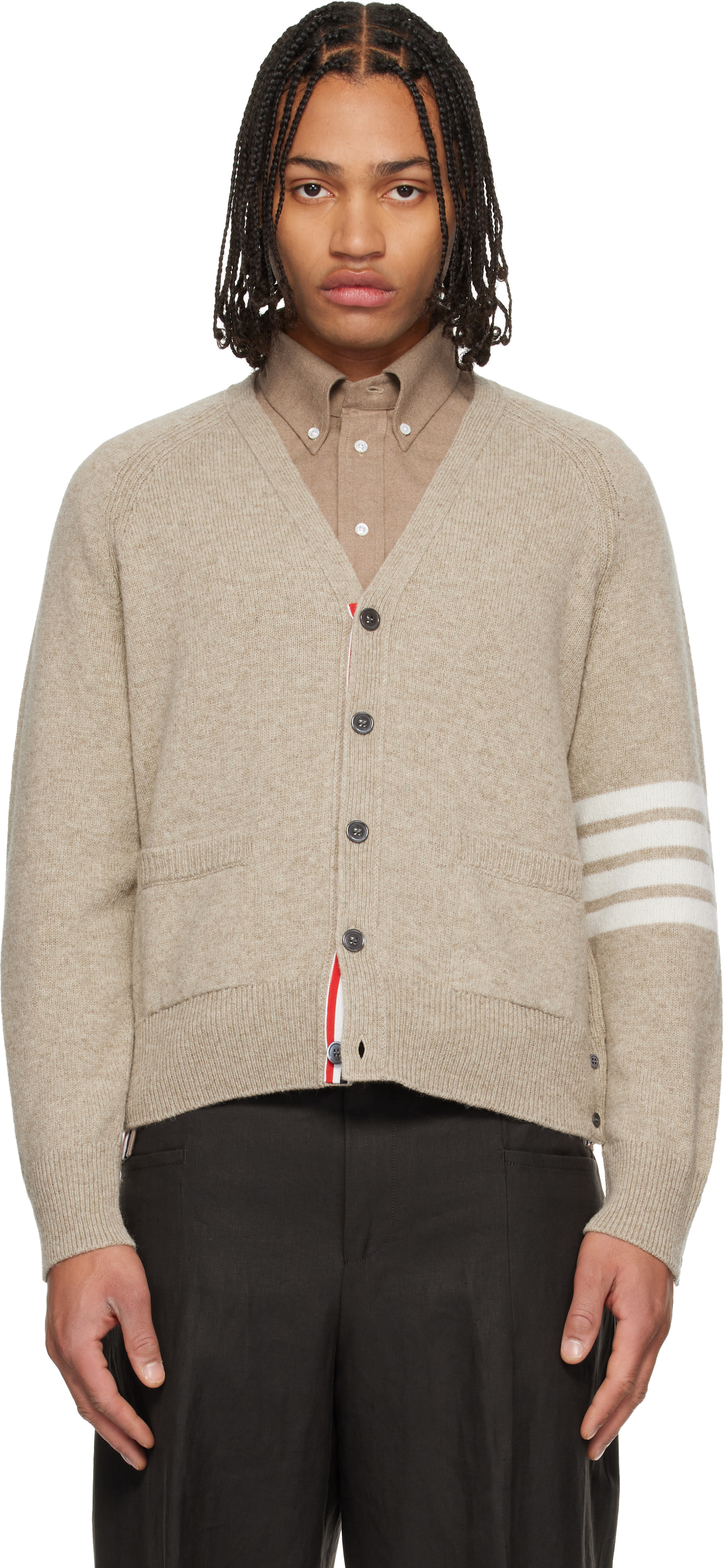 THOM BROWNE トムブラウン 4bar Vネックカーディガン ベージュ Thom Browne: ベージュ 4-Bar シェットランドウール リラックス