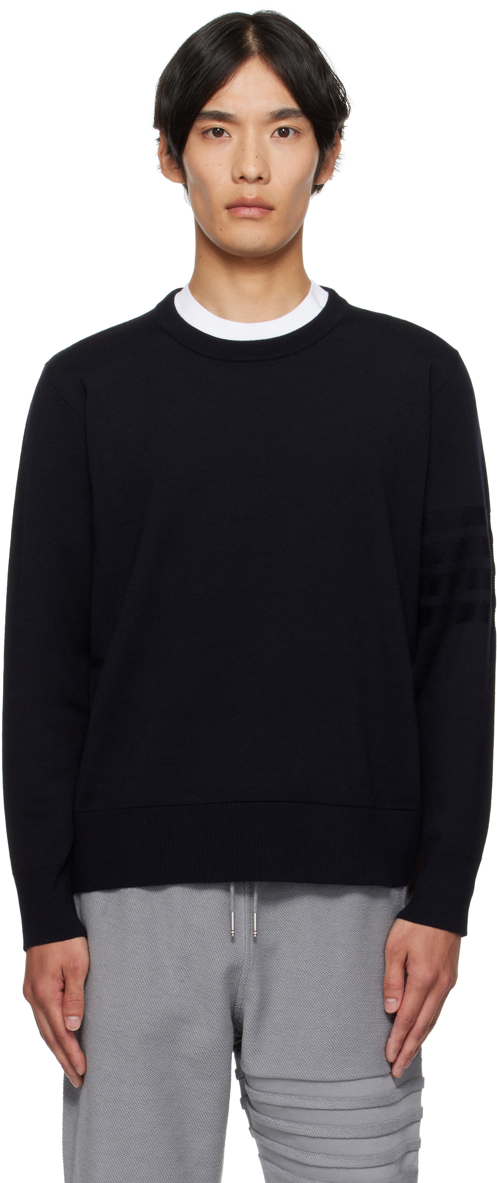 Thom Browne: Navy Double Face Crew New 4-Bar Sweater | SSENSE