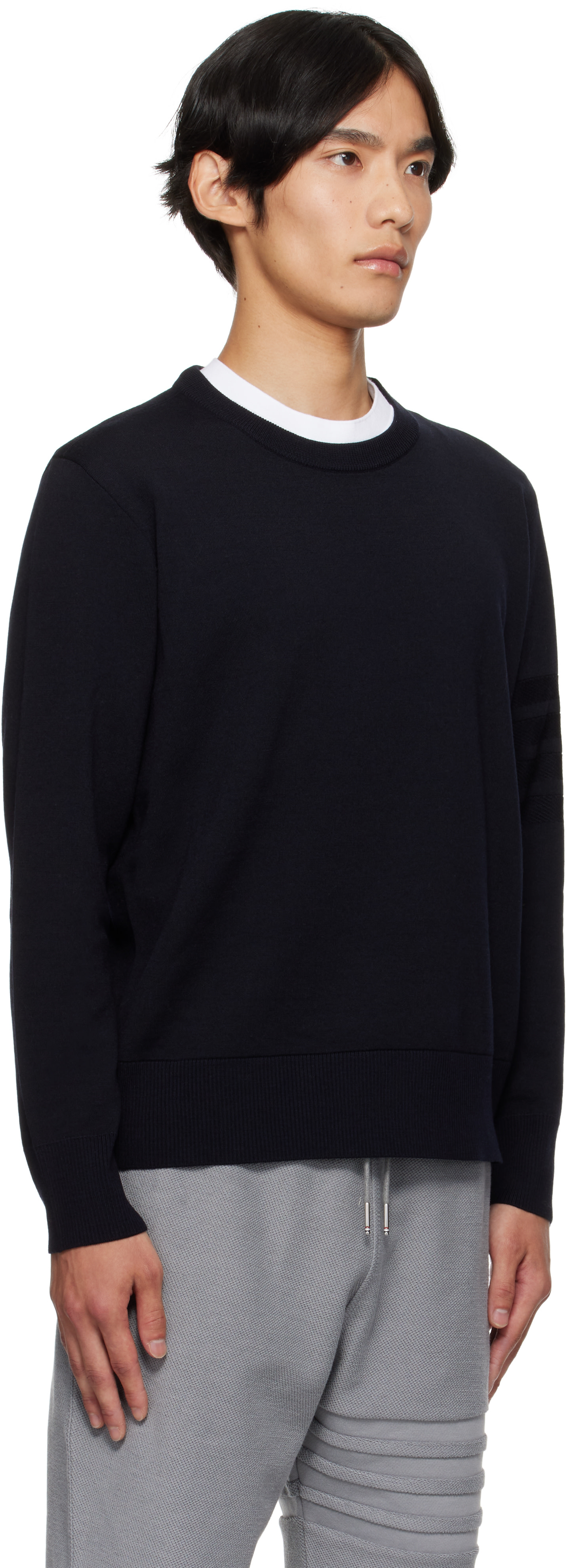 Thom Browne: Navy Double Face Crew New 4-Bar Sweater | SSENSE