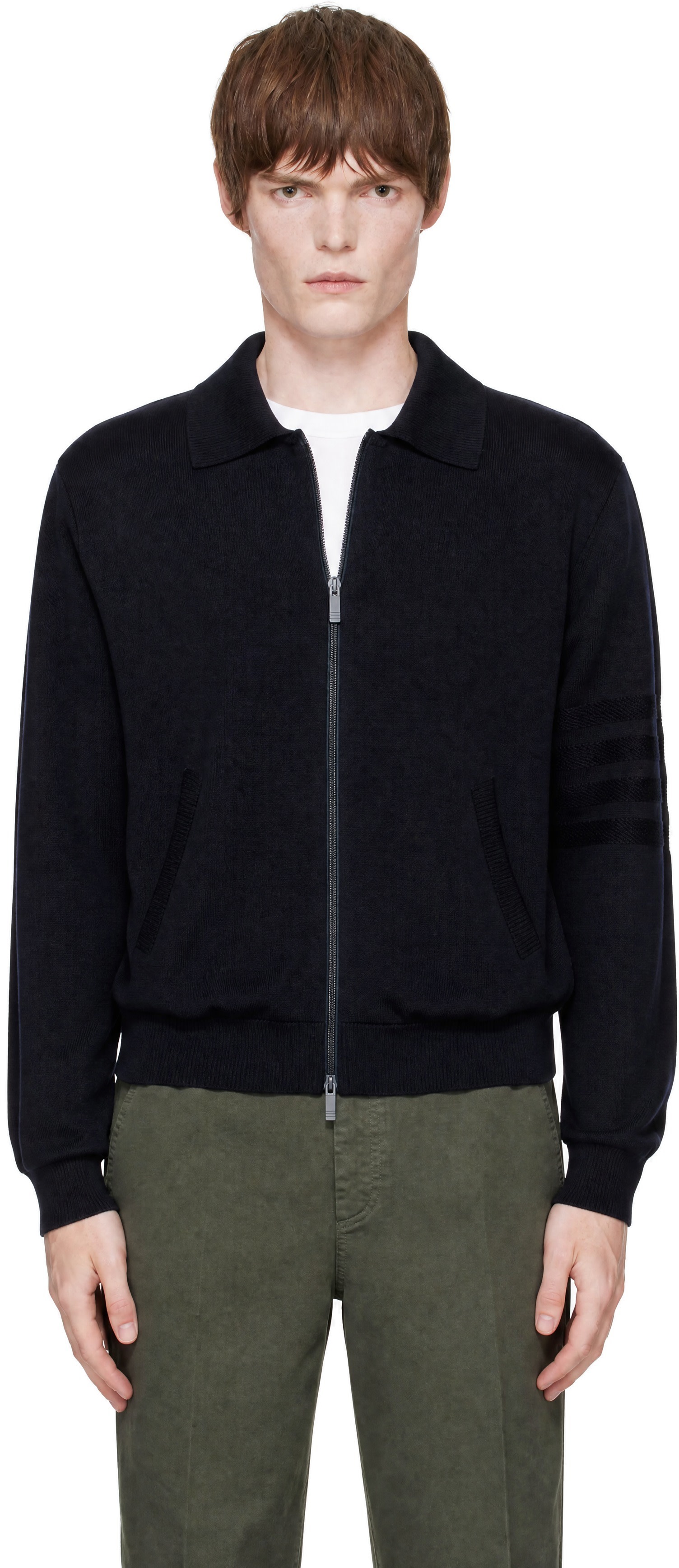 Thom Browne: Navy 4-Bar Wool Linen Full Zip Cardigan | SSENSE