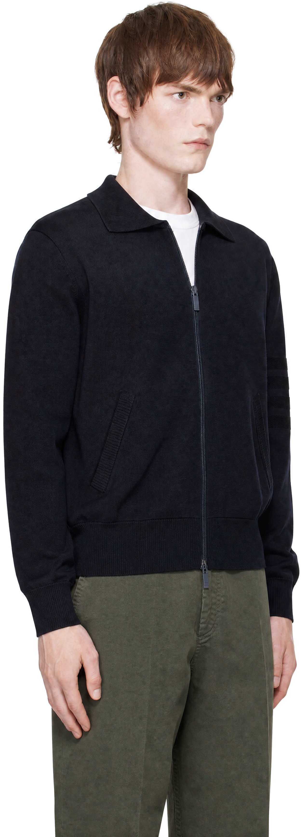 Thom Browne: Navy 4-Bar Wool Linen Full Zip Cardigan | SSENSE