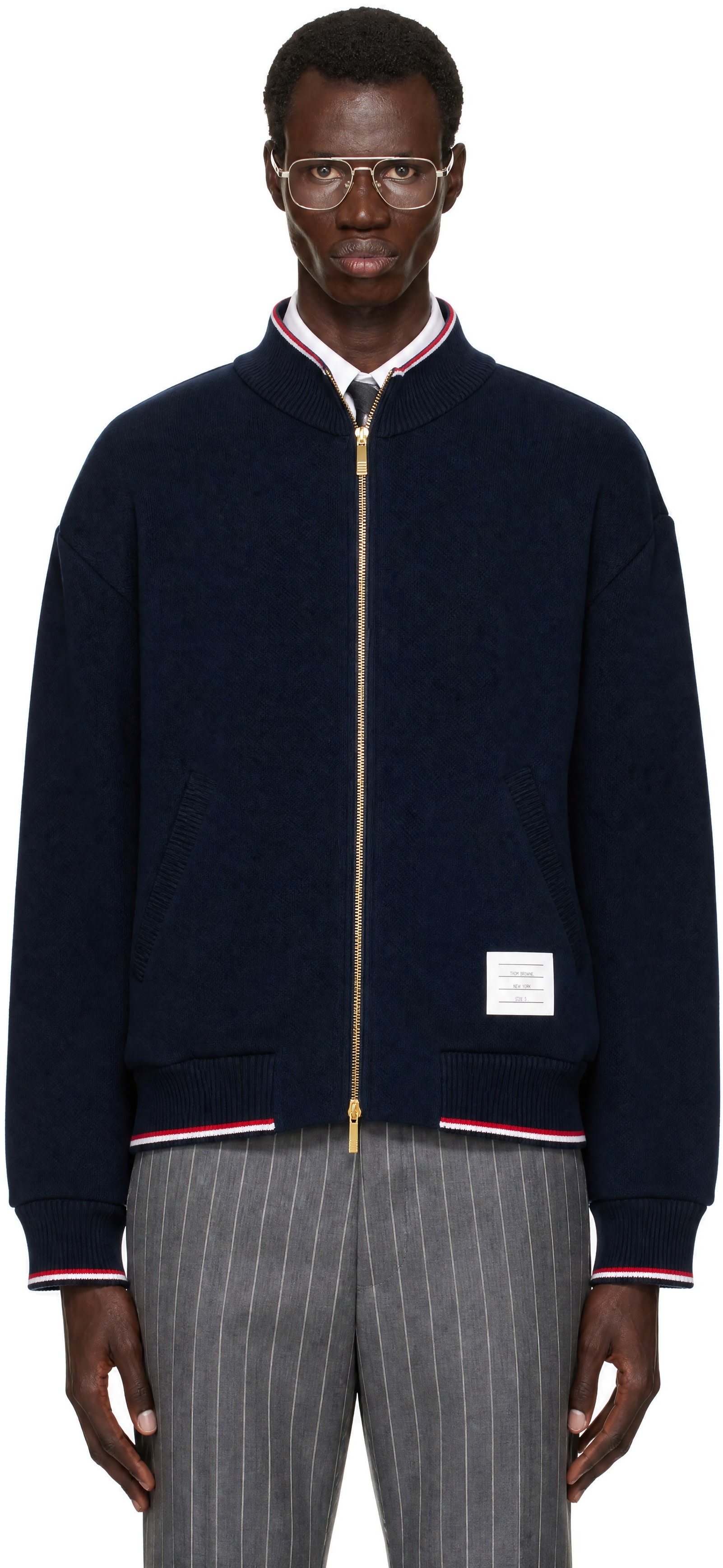 Thom Browne - Navy Funnel Neck RWB Tipping Zip Jacket