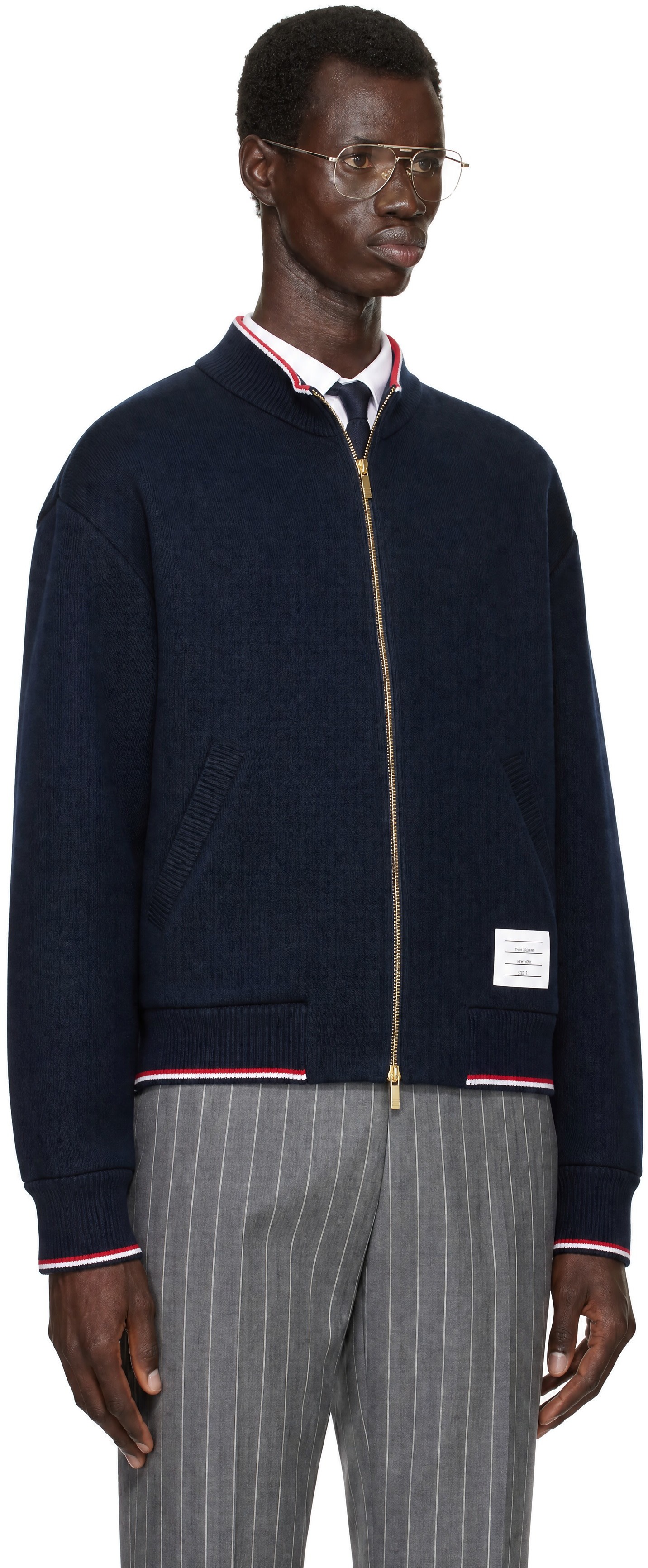 Thom Browne - Navy Funnel Neck RWB Tipping Zip Jacket