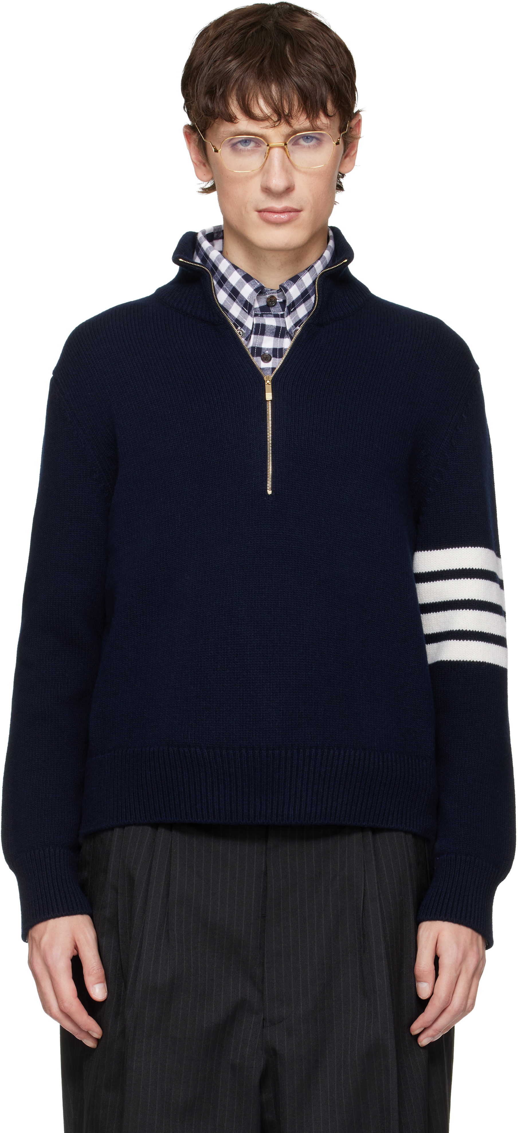 Thom Browne: Navy Merino Wool 4-Bar Funnel Neck Sweater | SSENSE