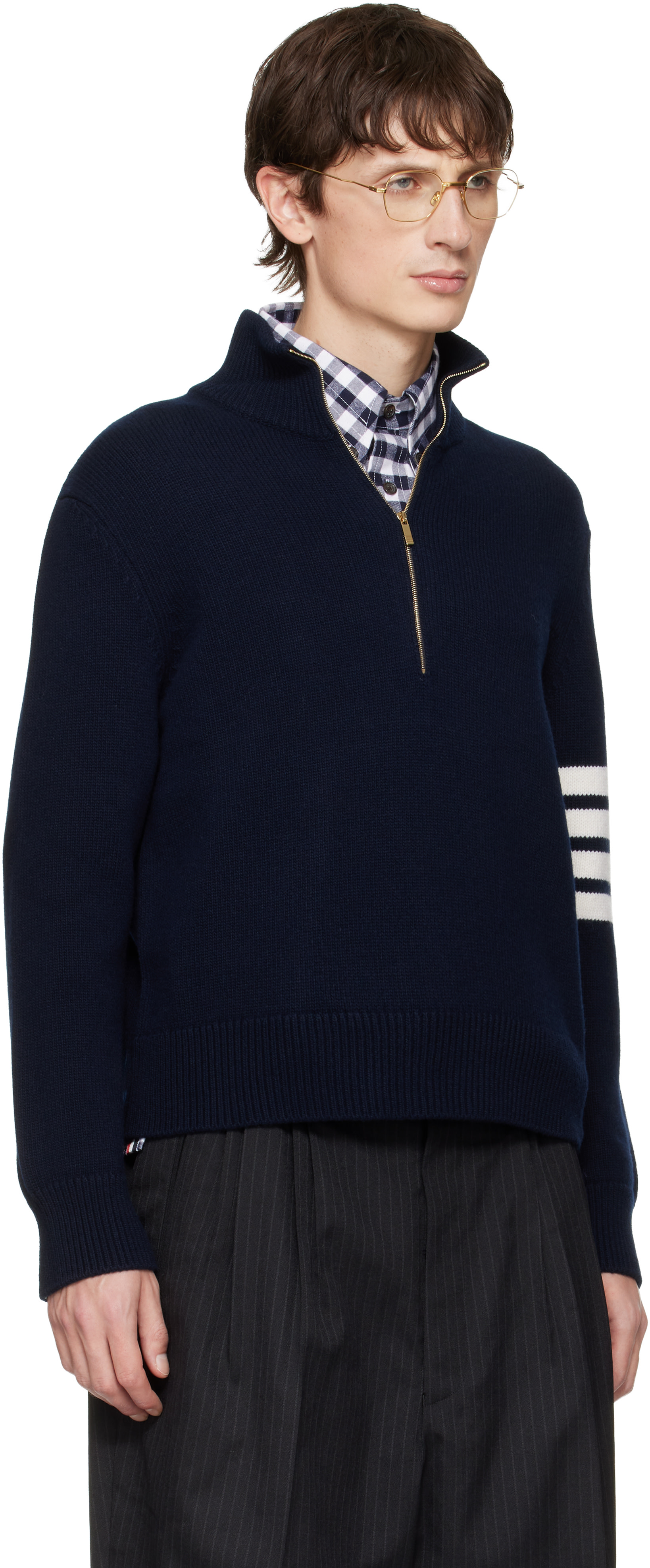 Thom Browne: Navy Merino Wool 4-Bar Funnel Neck Sweater | SSENSE