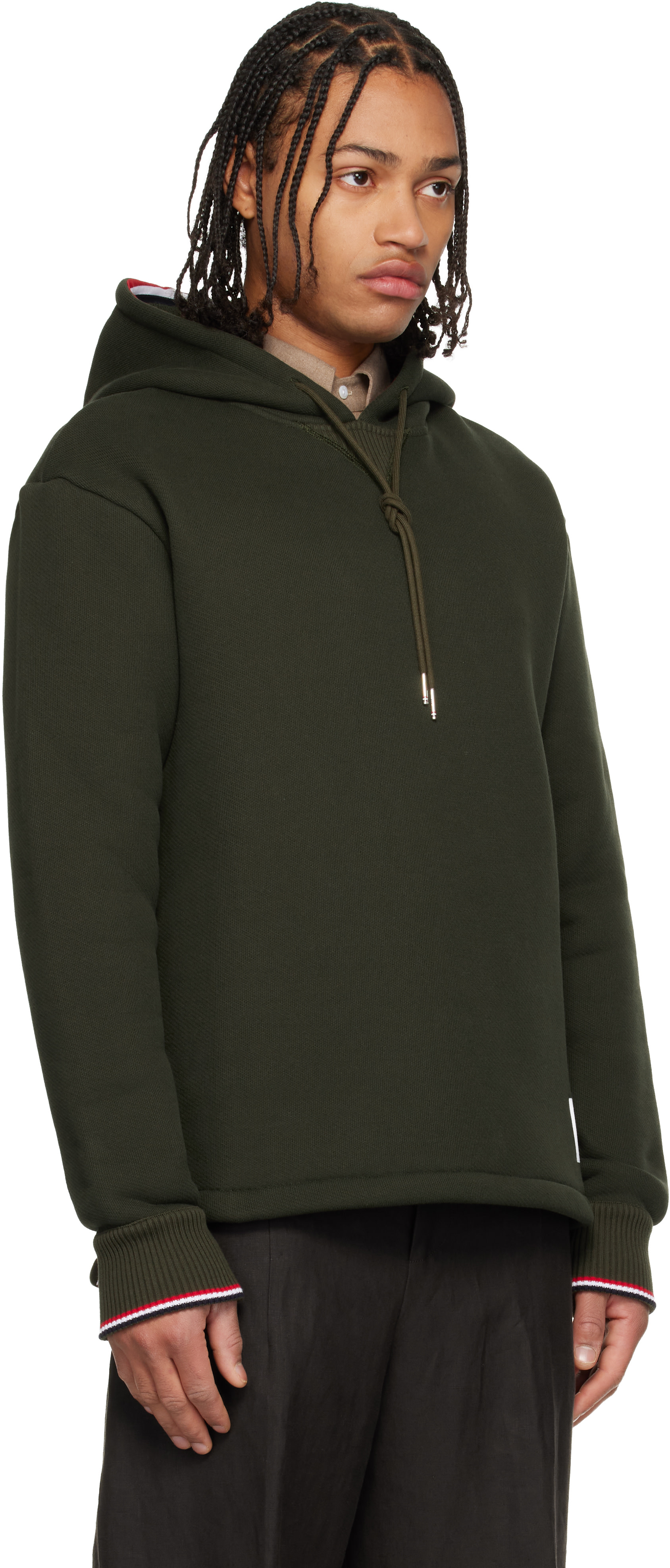 Thom Browne: Khaki Loopback Oversized RWB Stripe Hoodie | SSENSE