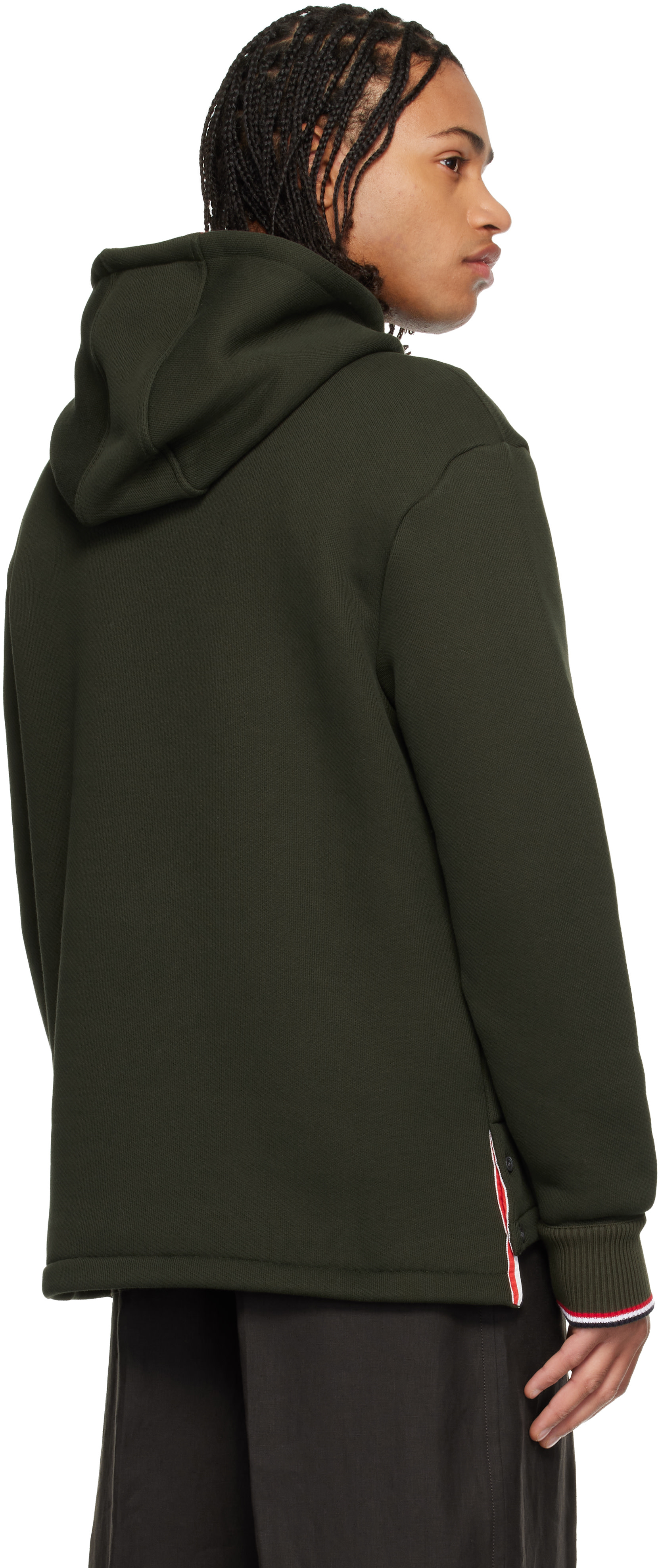 Thom Browne: Khaki Loopback Oversized RWB Stripe Hoodie | SSENSE