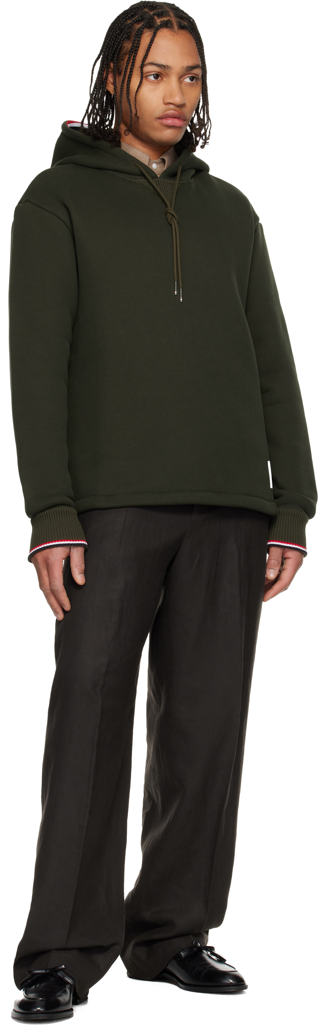 Thom Browne: Khaki Loopback Oversized RWB Stripe Hoodie | SSENSE