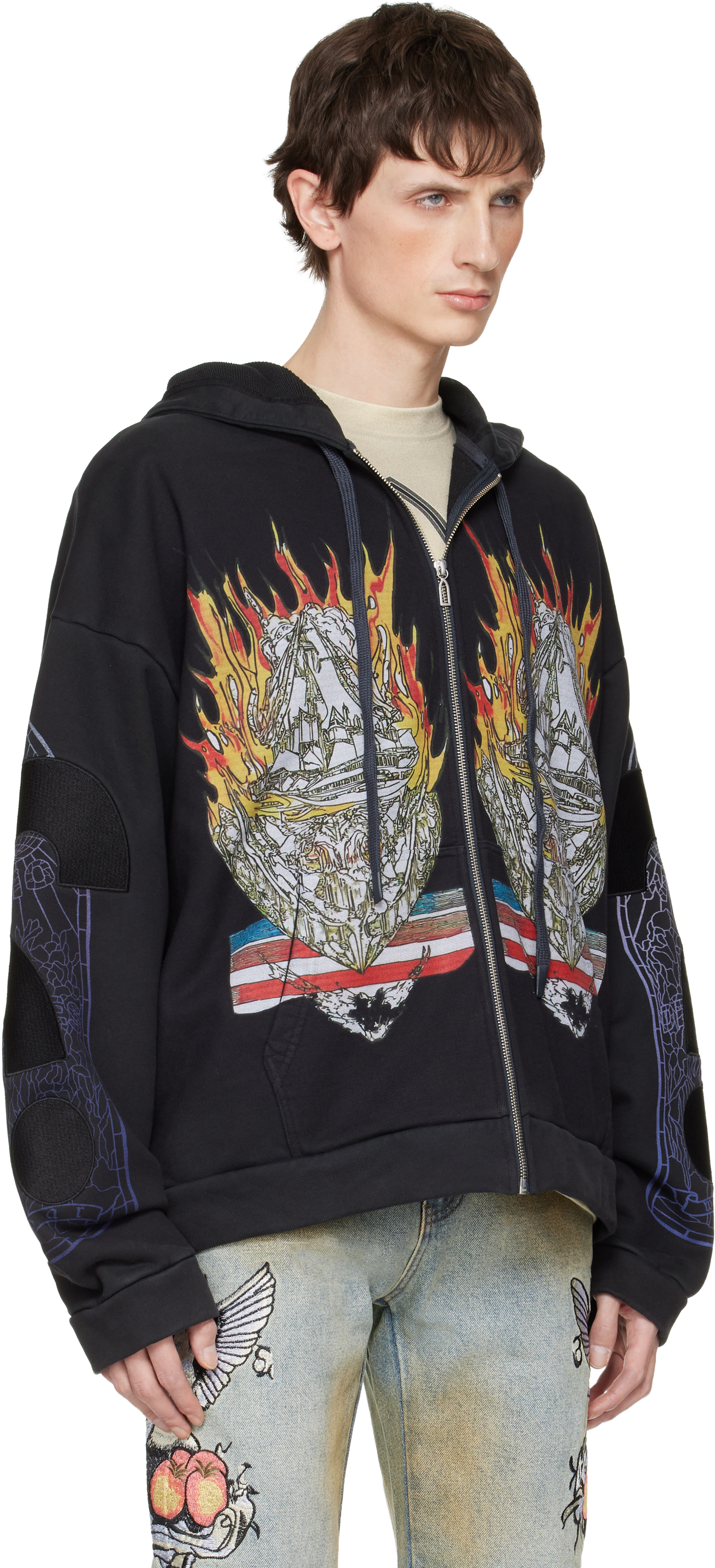 Who Decides War: Black Engulfed Memories Zip Up Hoodie | SSENSE
