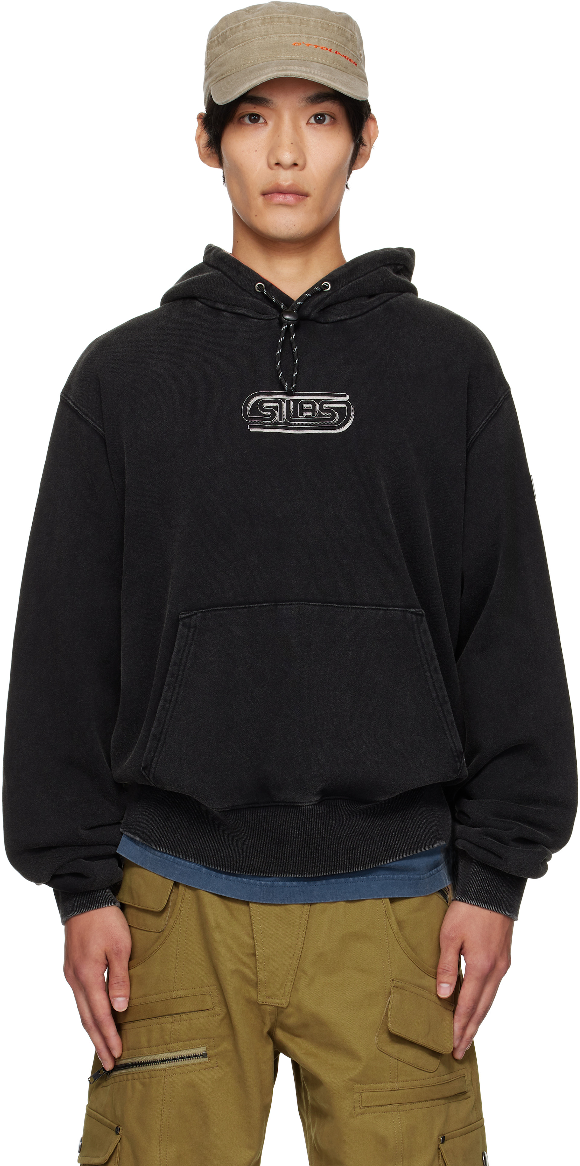 SILAS - Pull à capuche noir en jersey bouclette à logos