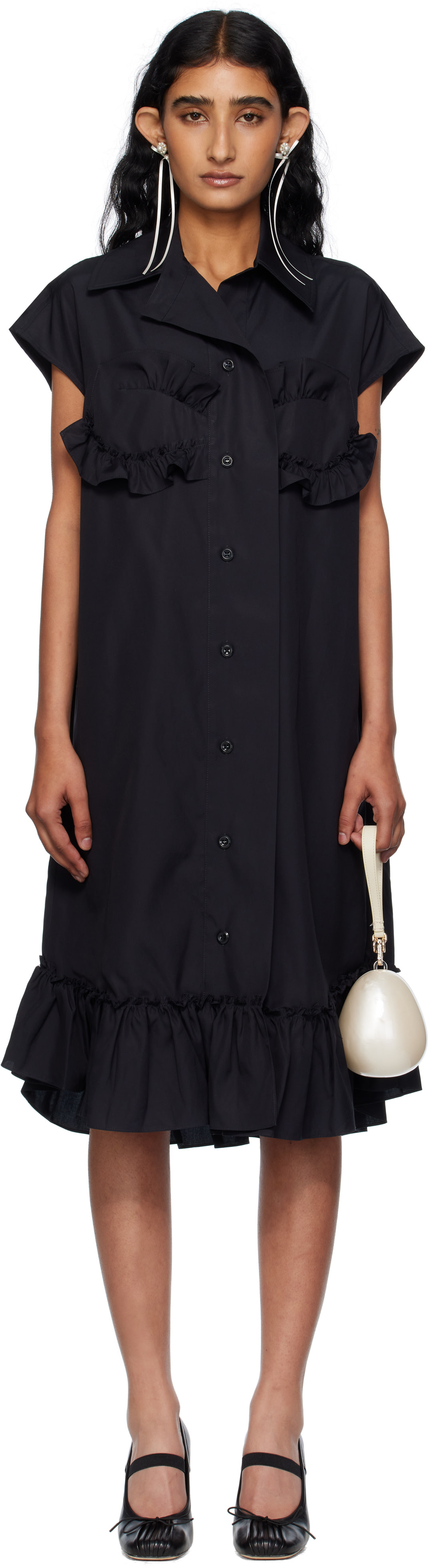 Simone Rocha: ブラック Ruffle Bust Detail ノースリーブ ミディアム