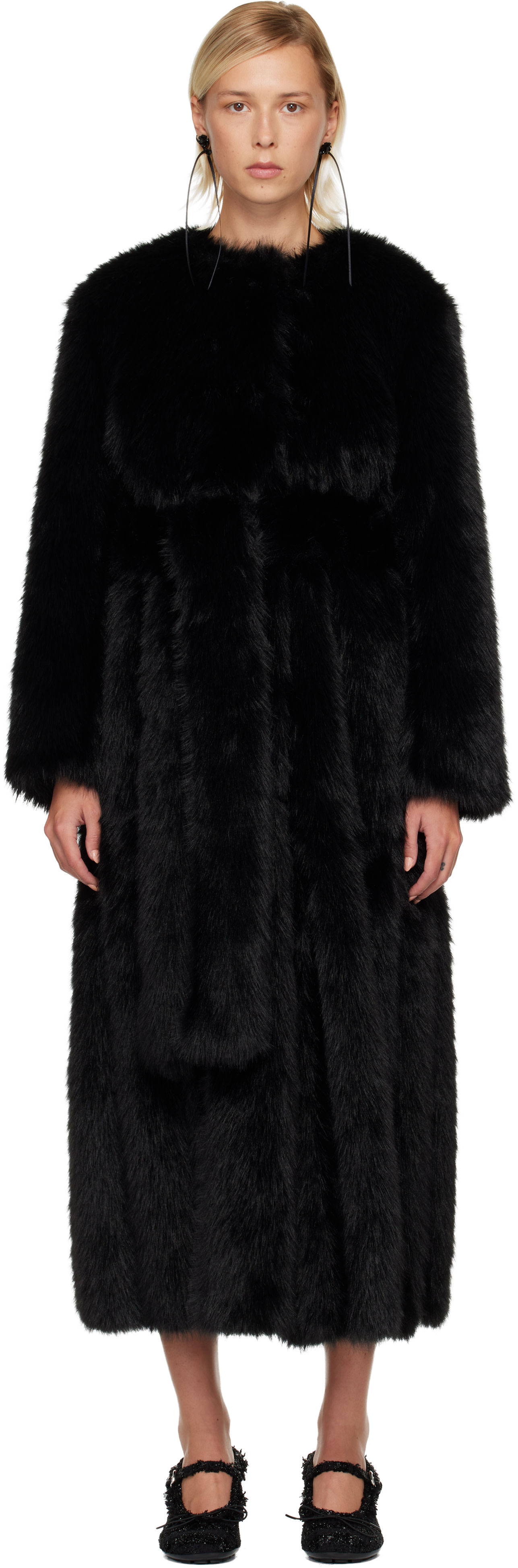 Simone Rocha: Black Belted Faux Fur Long Multi Slit Coat | SSENSE