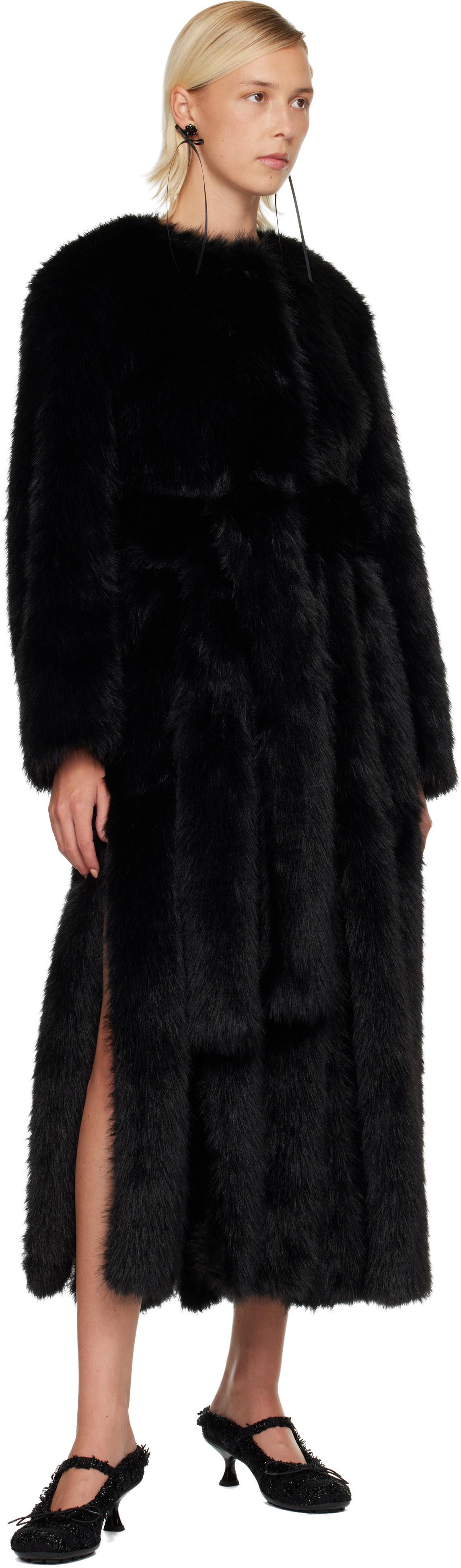 Simone Rocha: Black Belted Faux Fur Long Multi Slit Coat | SSENSE