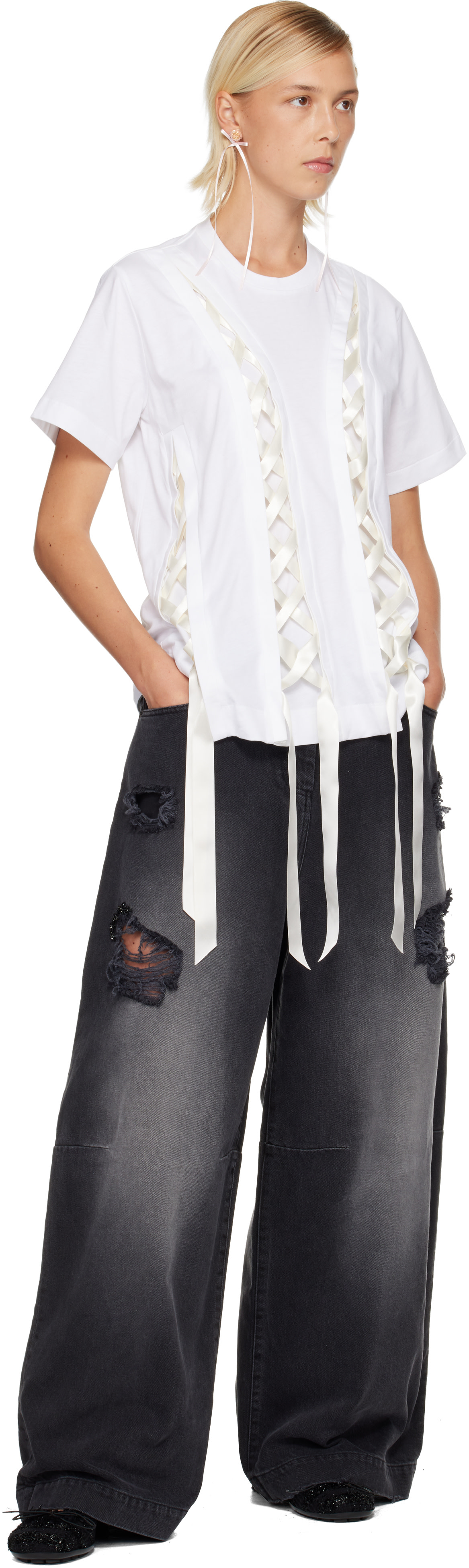 Simone Rocha: White Unraveling Ribbon T-shirt | SSENSE
