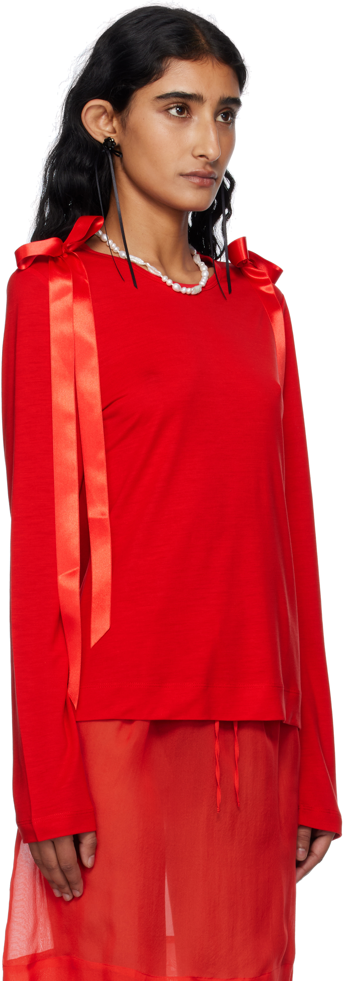 Simone Rocha: Red Bow Ribbon Tail Long Sleeve T-shirt | SSENSE