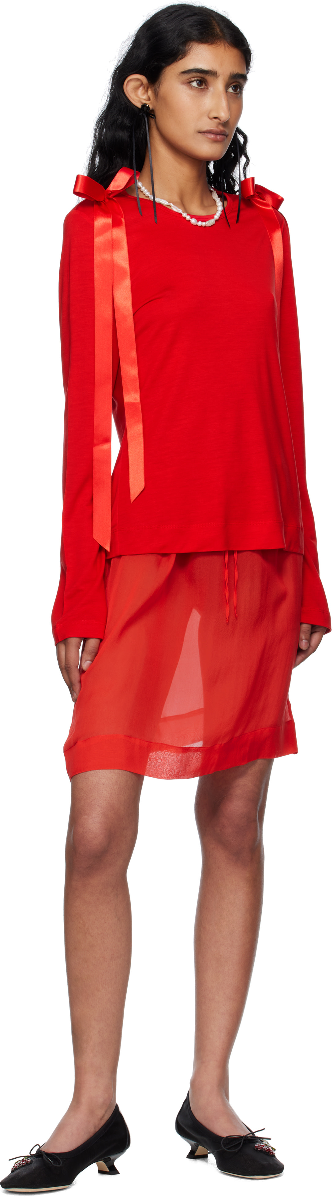 Simone Rocha: Red Bow Ribbon Tail Long Sleeve T-shirt | SSENSE