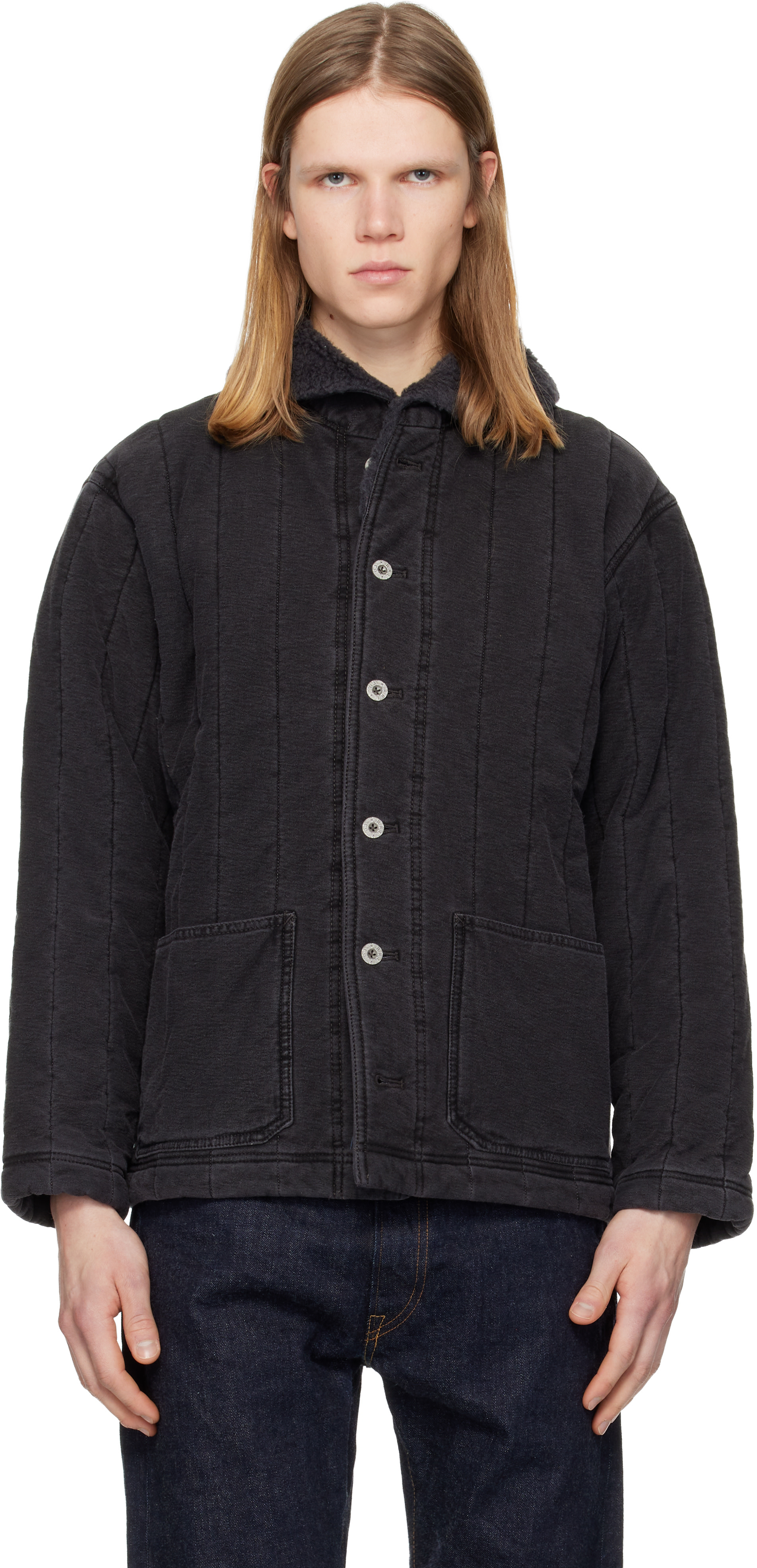 RRL: Black Fleece-Collar Quilted Jersey Jacket | SSENSE