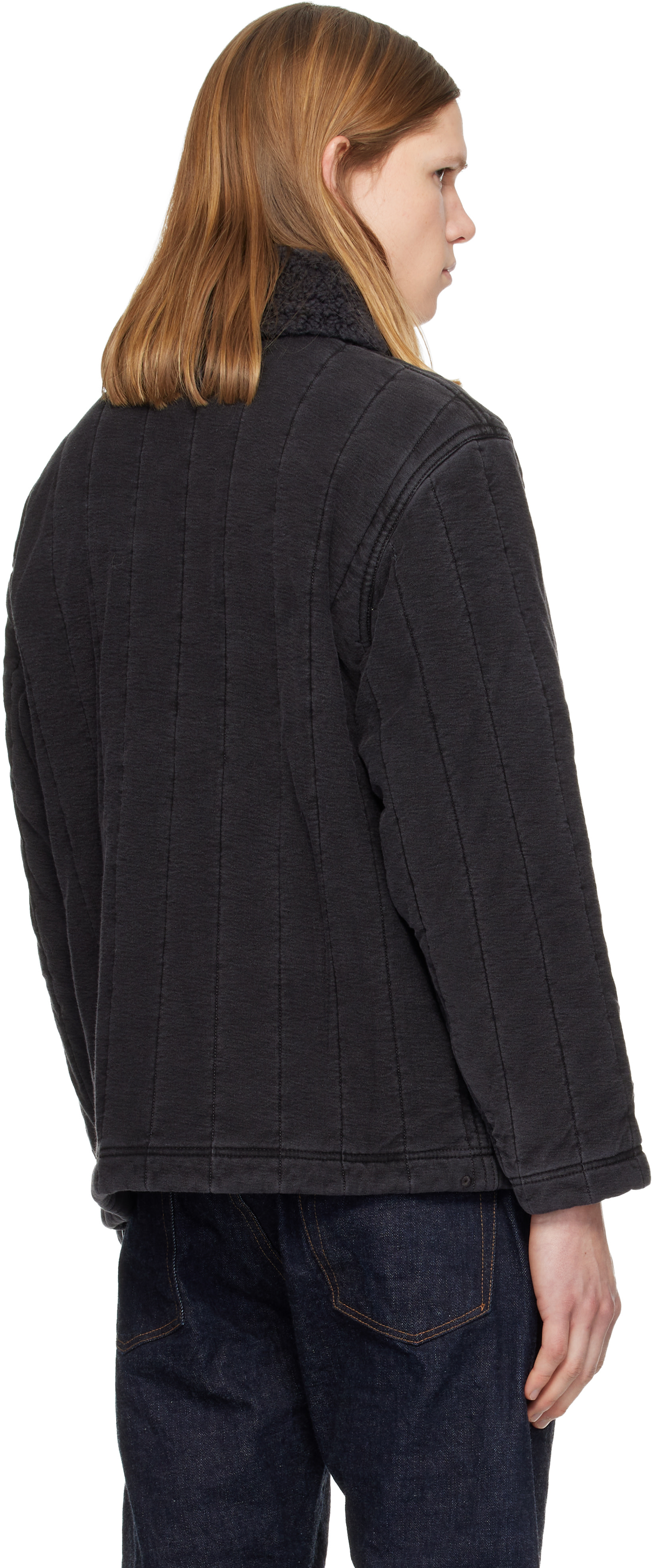 RRL: Black Fleece-Collar Quilted Jersey Jacket | SSENSE