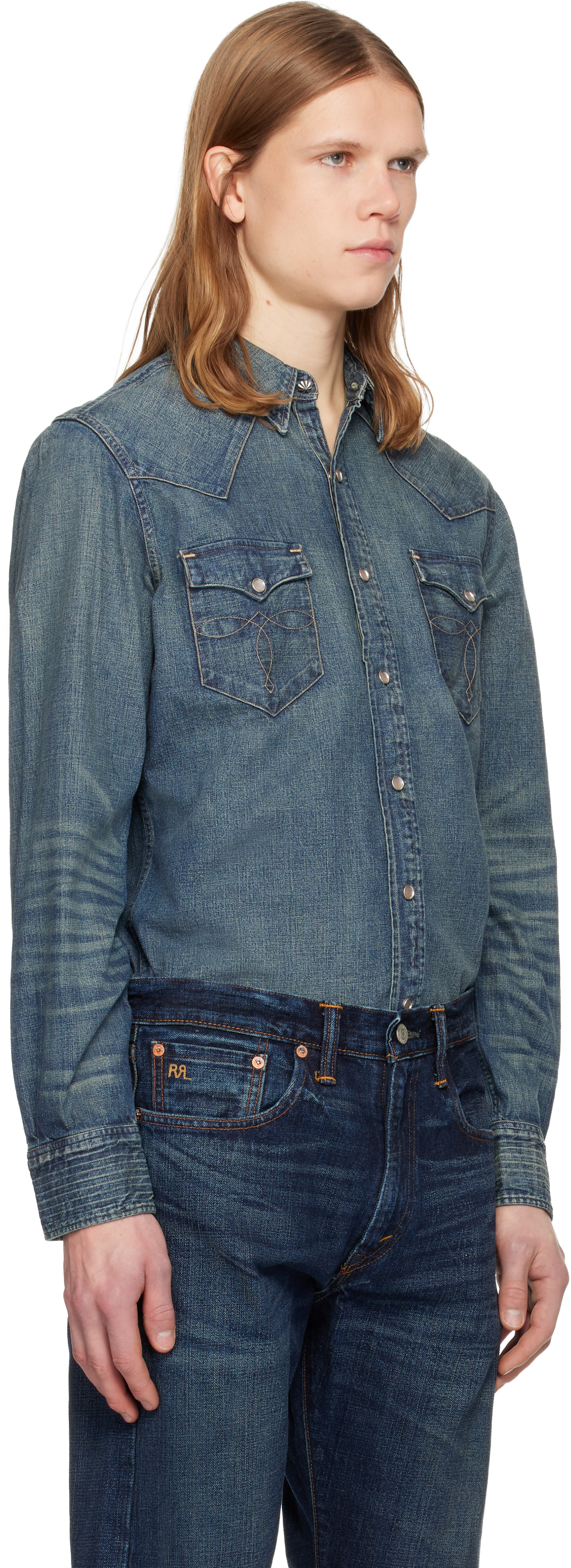 RRL: ブルー スリムフィット デニム ウエスタンシャツ | SSENSE 日本