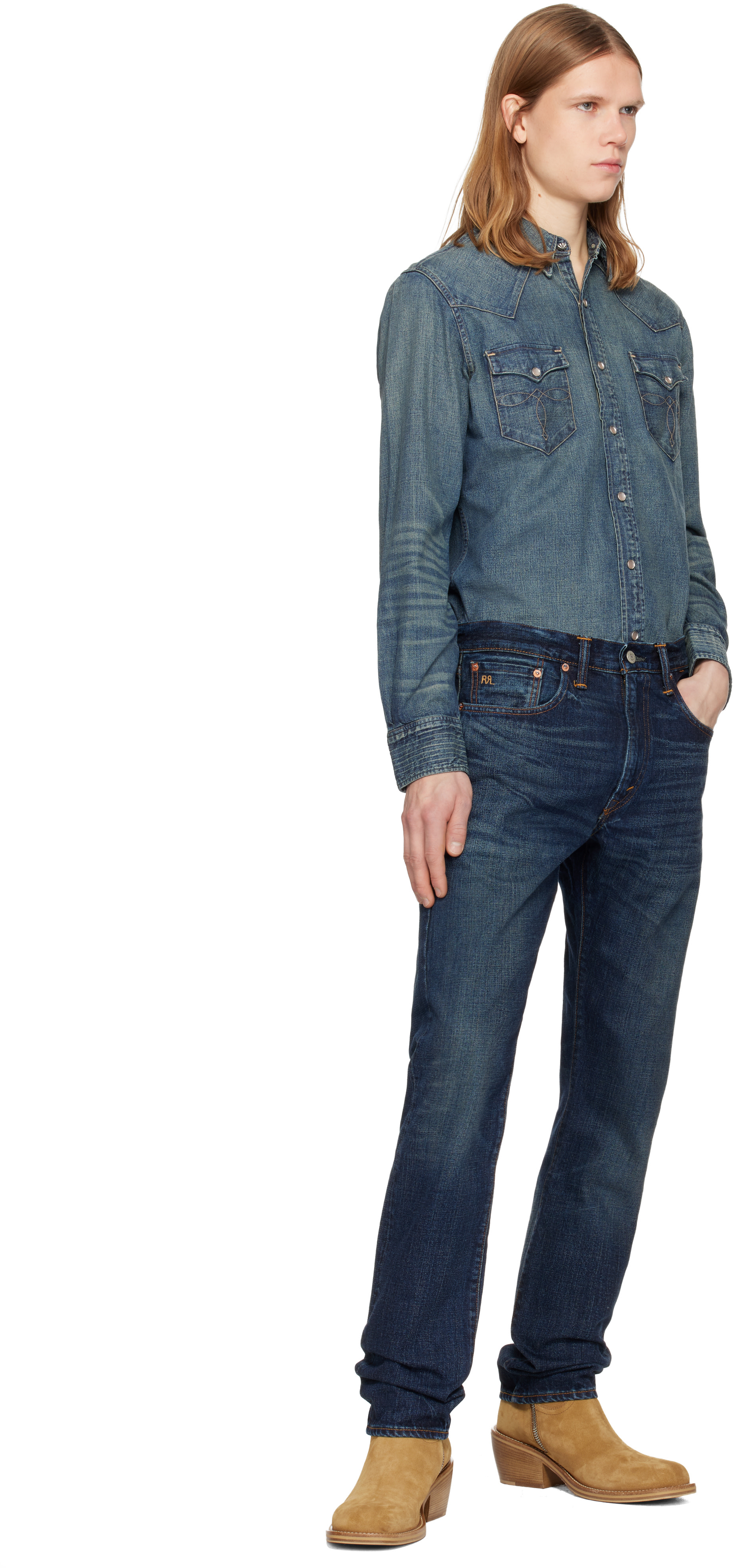 RRL: ブルー スリムフィット デニム ウエスタンシャツ | SSENSE 日本