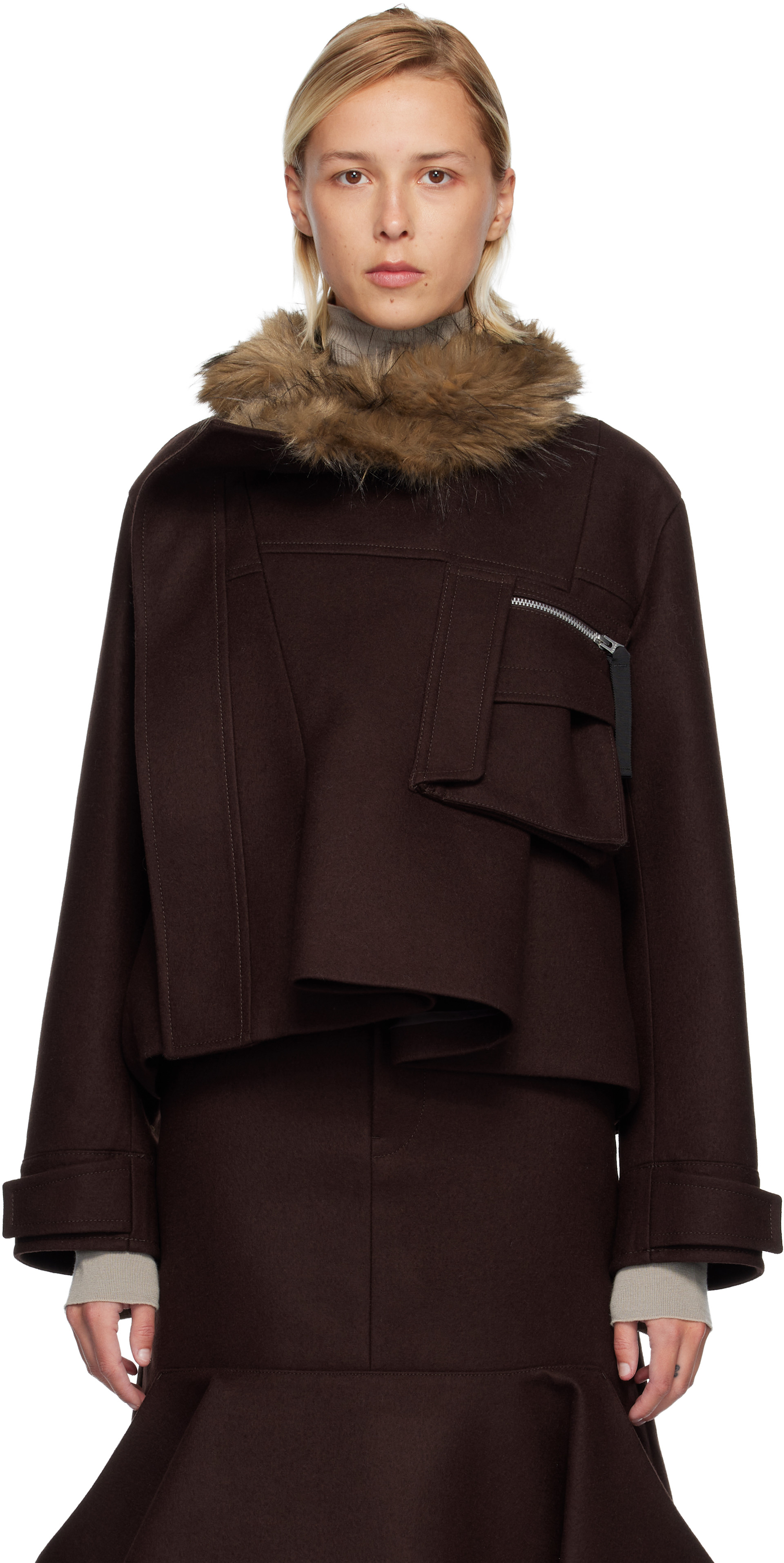 sacai: ブラウン メルトンウール ブルゾンジャケット | SSENSE 日本