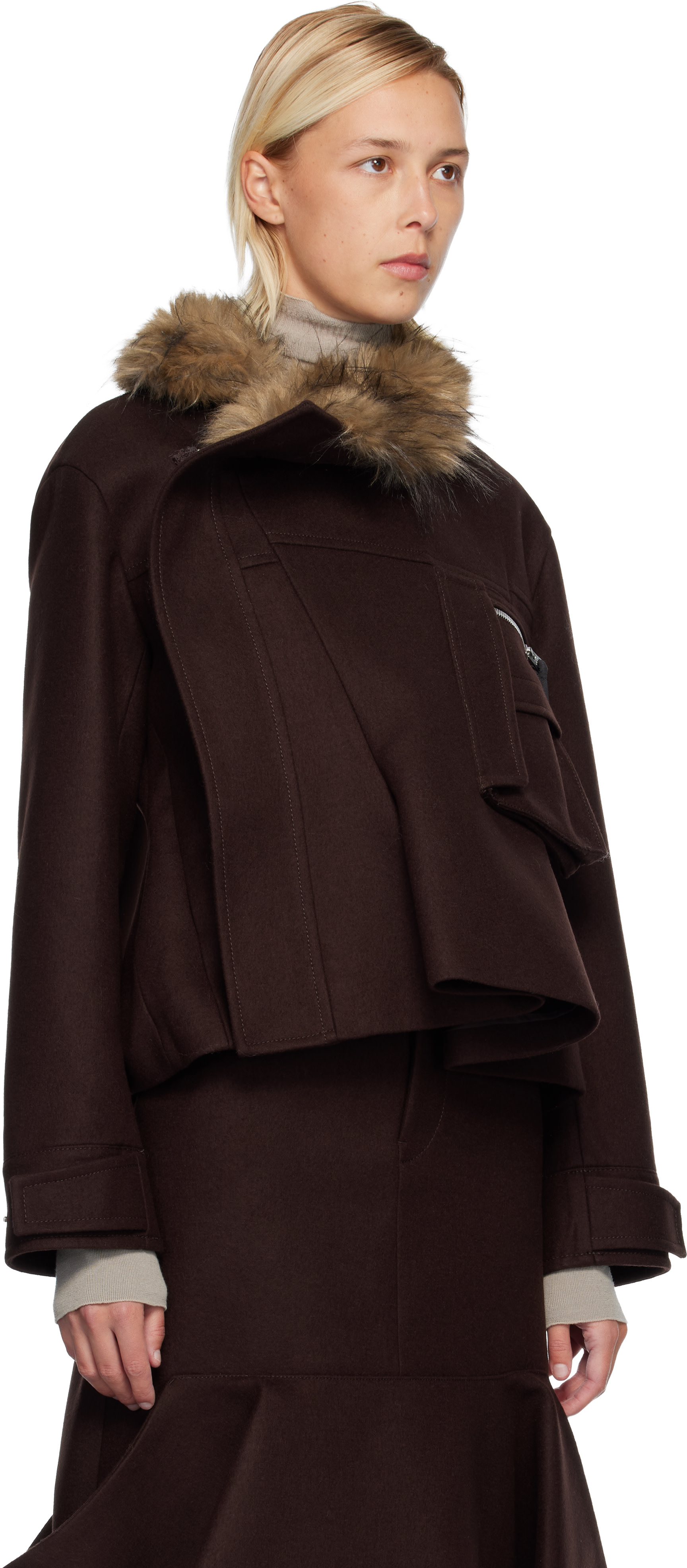 sacai: ブラウン メルトンウール ブルゾンジャケット | SSENSE 日本