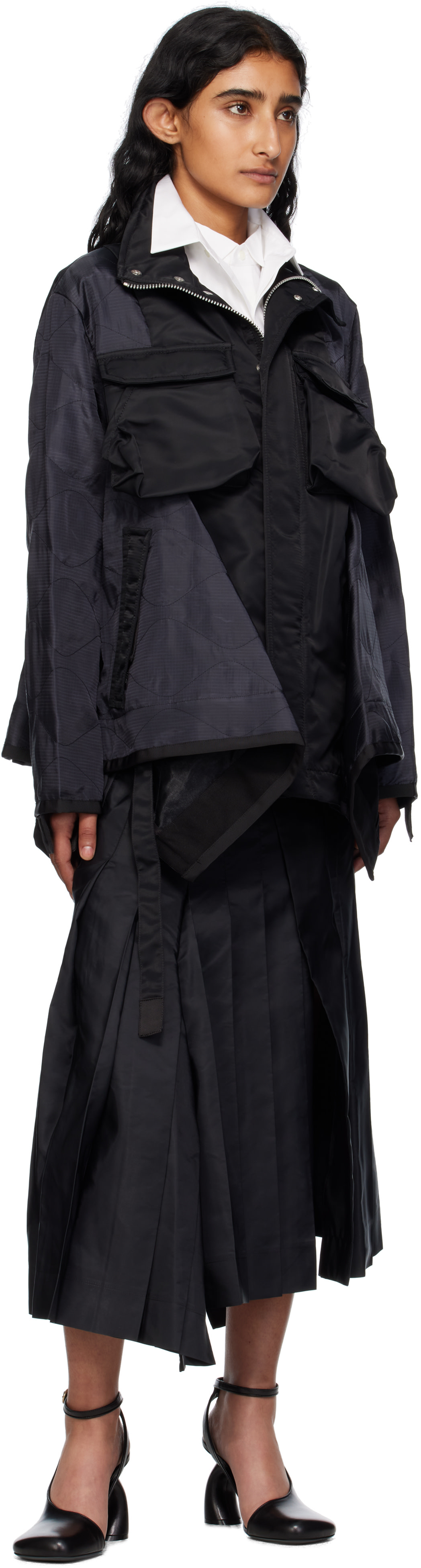 sacai: Black Nylon Twill Mix Midi Skirt | SSENSE